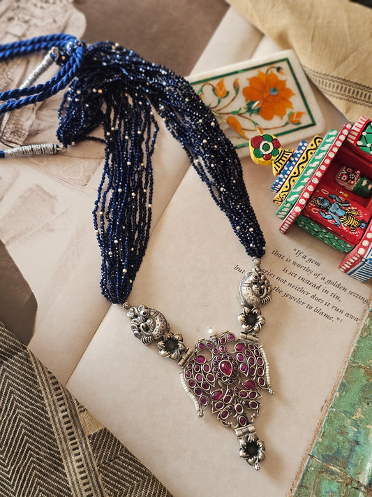 Gandaberunda Necklace in 92.5 Silver with Kempu Stones & Iolite Beads | Shopvasuki