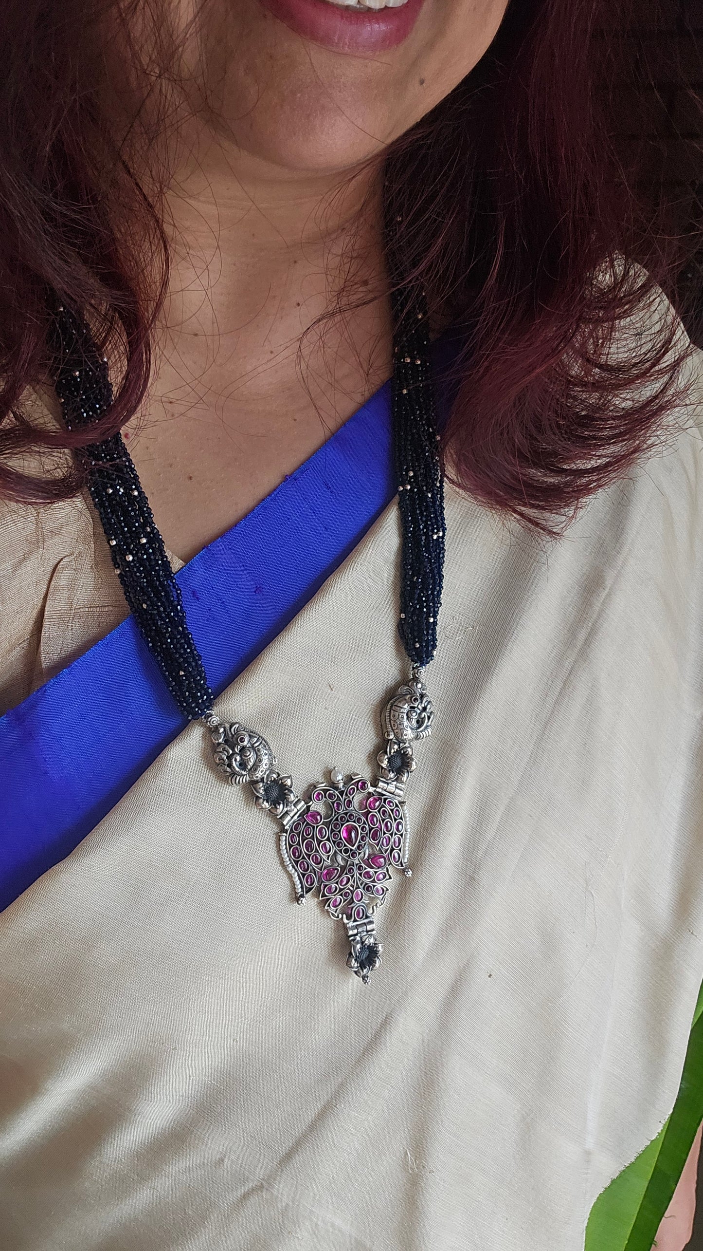 Gandaberunda Necklace in 92.5 Silver with Kempu Stones & Iolite Beads | Shopvasuki