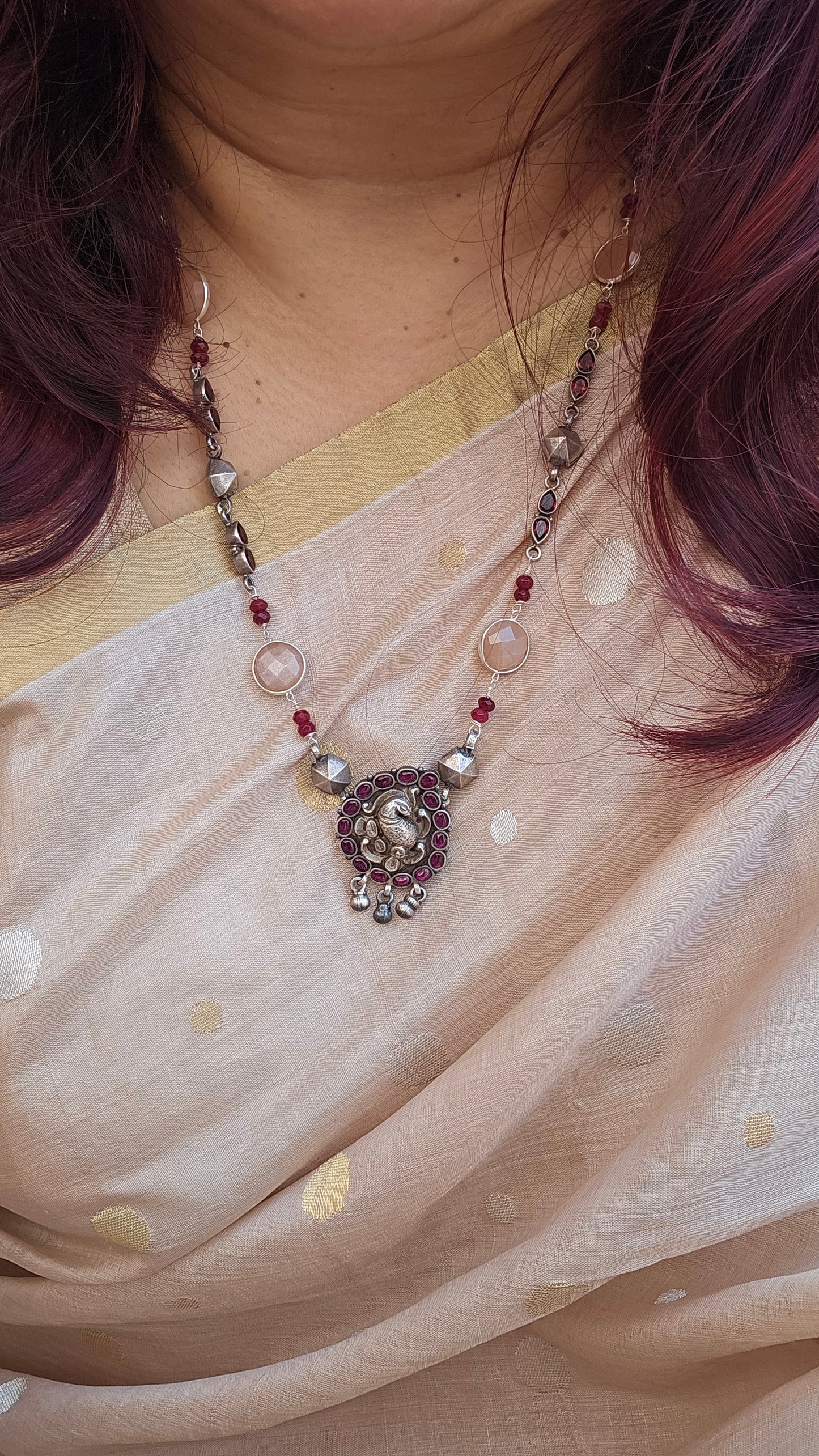 Pink jade, silver nakash necklace