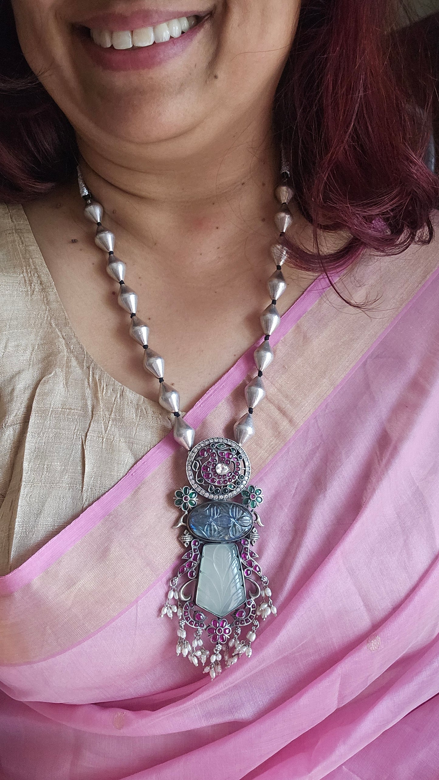 Nayika Long Fusion Pendant Necklace | 92.5 Silver Gold Polish Necklace with Kemp, Labrodrite & Chalcedony