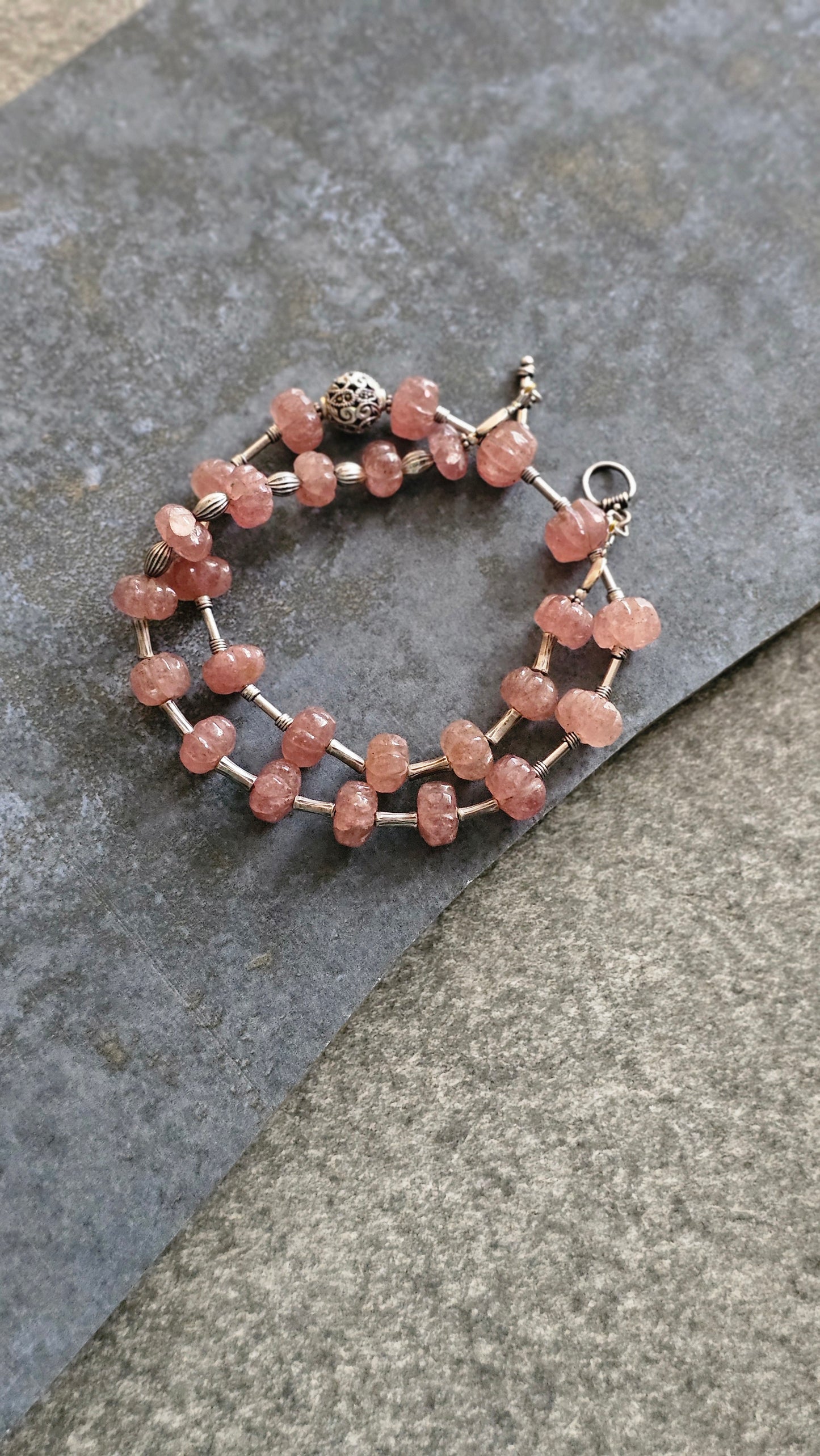 Strawberry quartz in peach color necklace with silver tubes