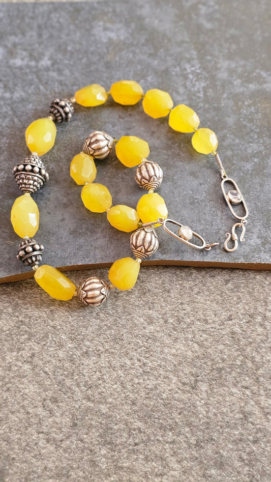 Yellow chalcedony and hill tribe silver necklace