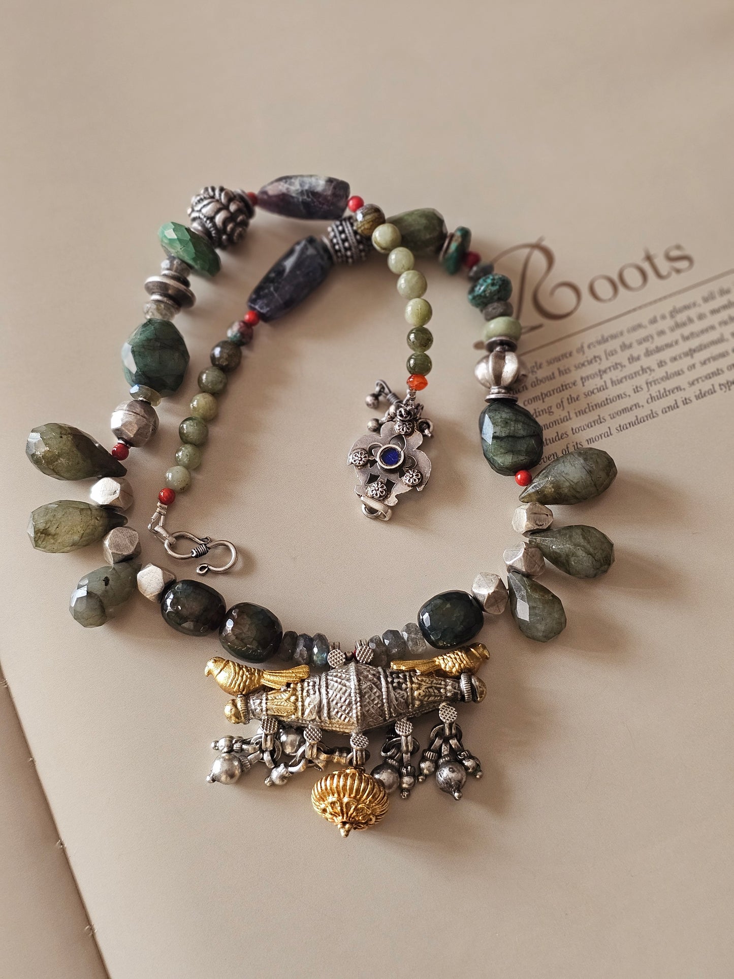 Handcrafted Labradorite Necklace with Two-Tone Taveez Pendant | 92.5 Silver by Shopvasuki