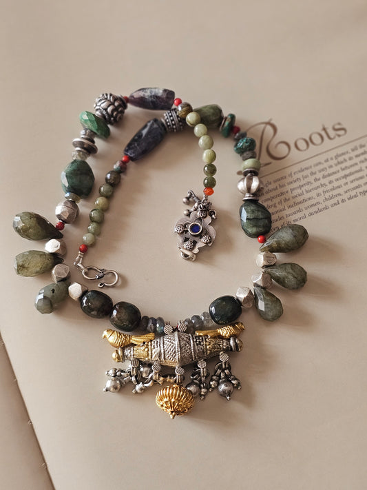 Handcrafted Labradorite Necklace with Two-Tone Taveez Pendant | 92.5 Silver by Shopvasuki