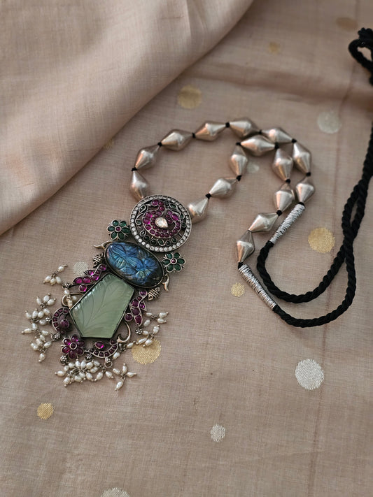Nayika Long Fusion Pendant Necklace | 92.5 Silver Gold Polish Necklace with Kemp, Labrodrite & Chalcedony