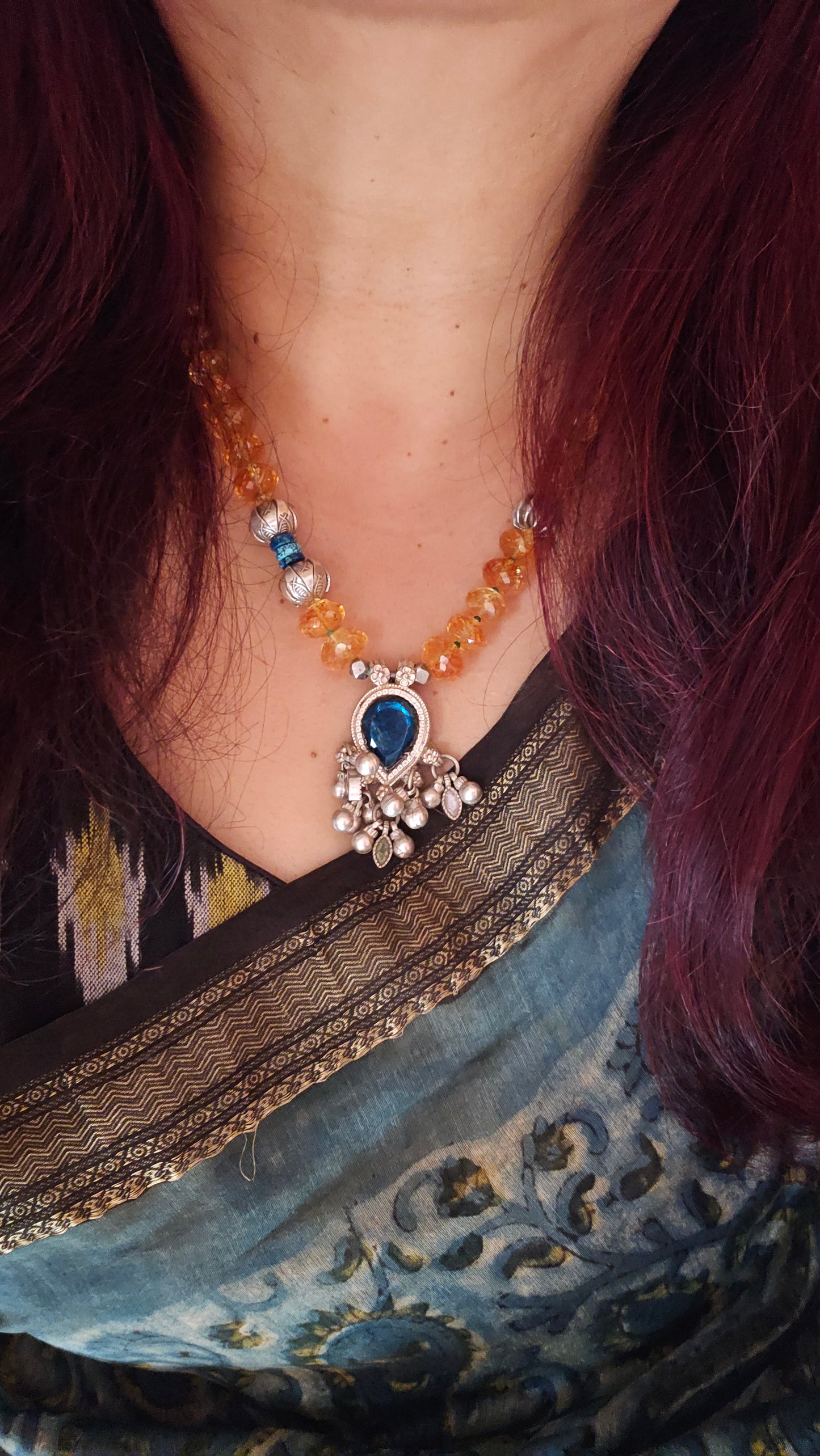 Citrine necklace vintage glass pendant