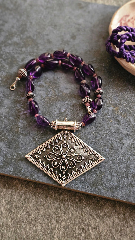 Nirjara – Amethyst & Rawa Silver Pendant Necklace | Soul Strung