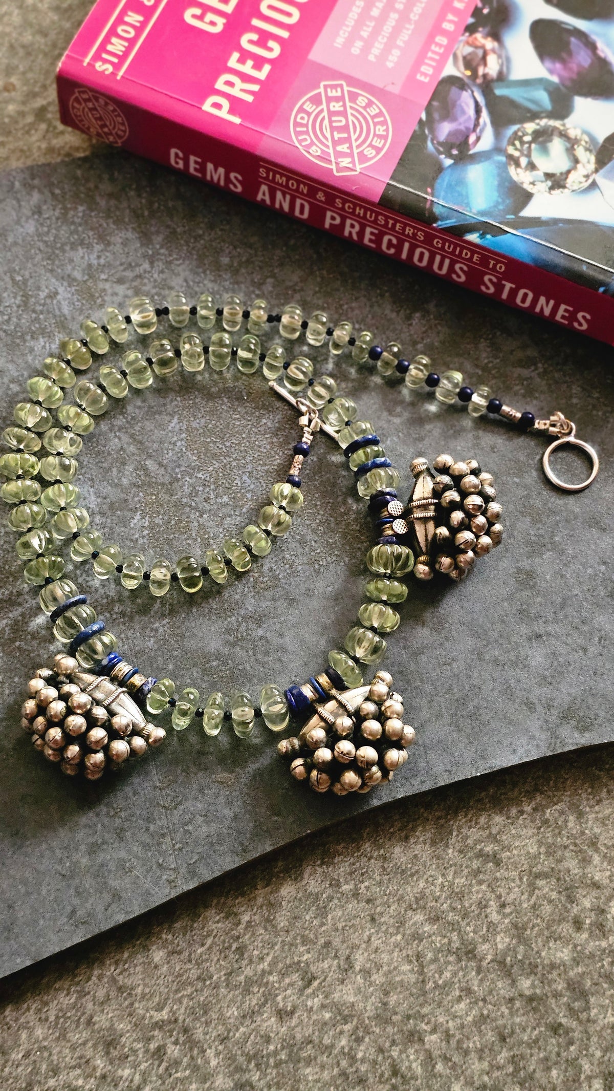 African Prehnite, Lapis Lazuli & Silver Gajra Necklace