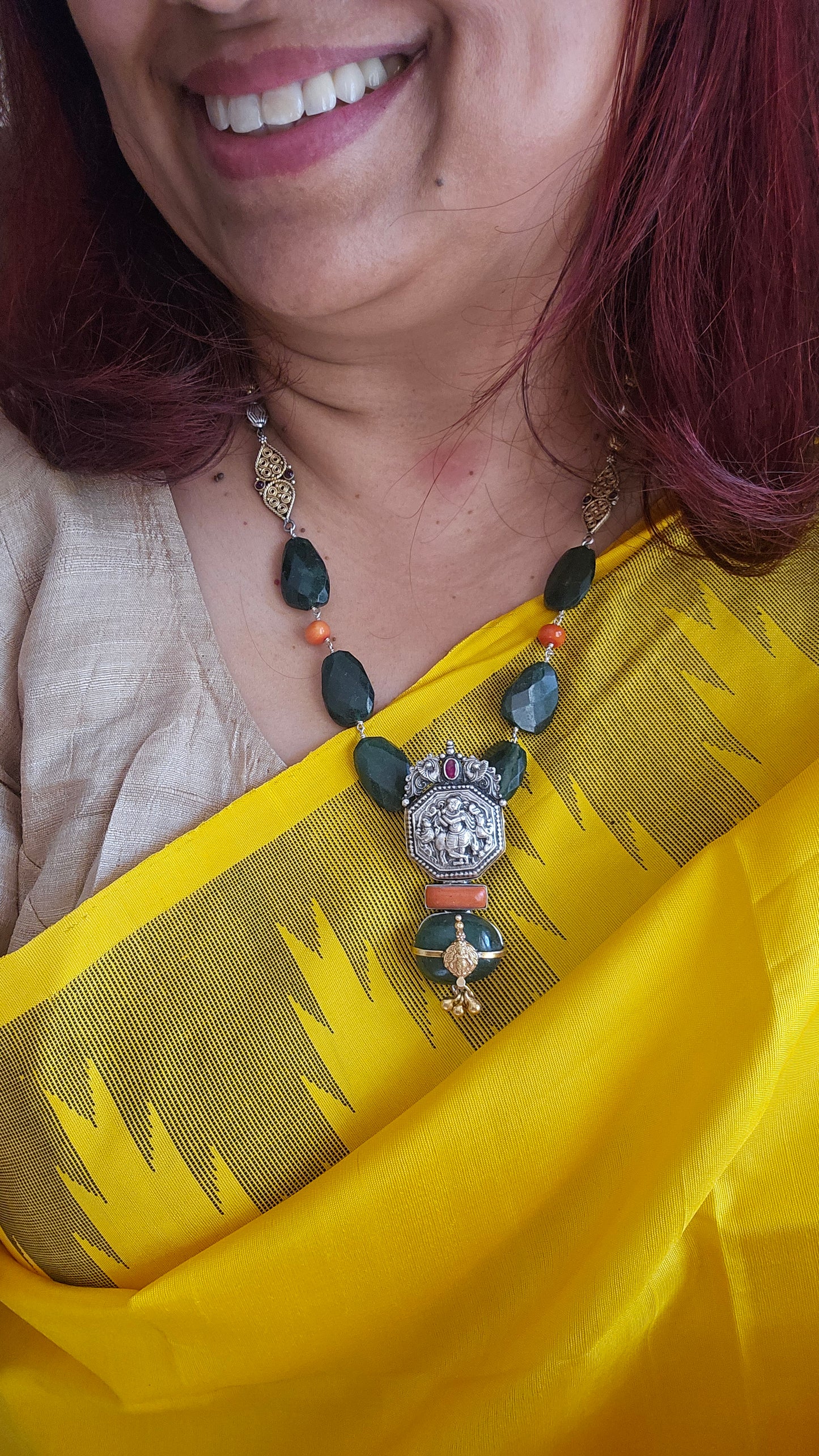 Krsna Nakash Silver Krishna Pendant Necklace | 92.5 Silver Necklace with Emerald Nuggets, Coral & Two-Tone Chain