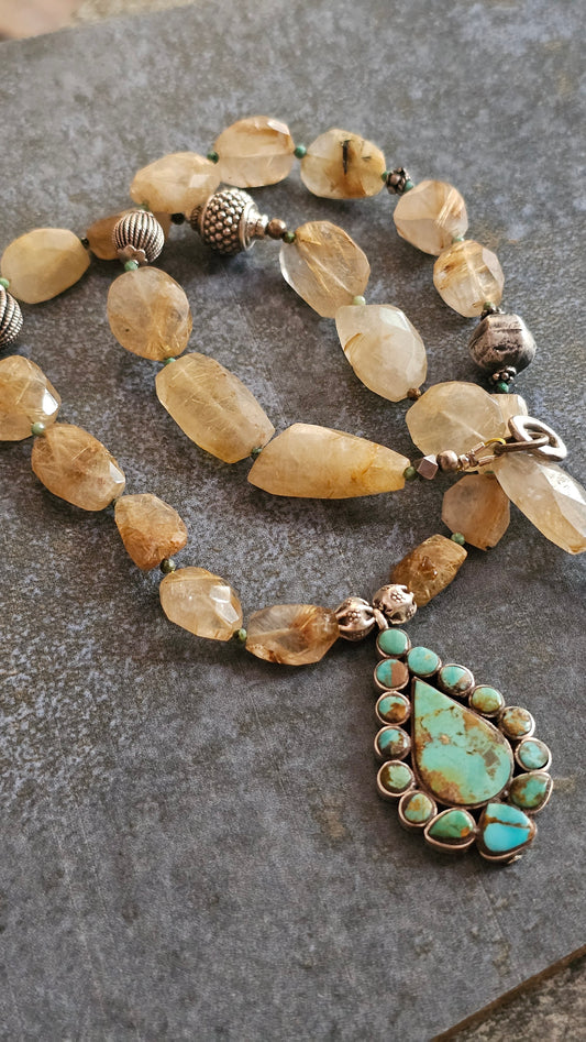 Golden Rutilated and Tibetan Turquoise Necklace