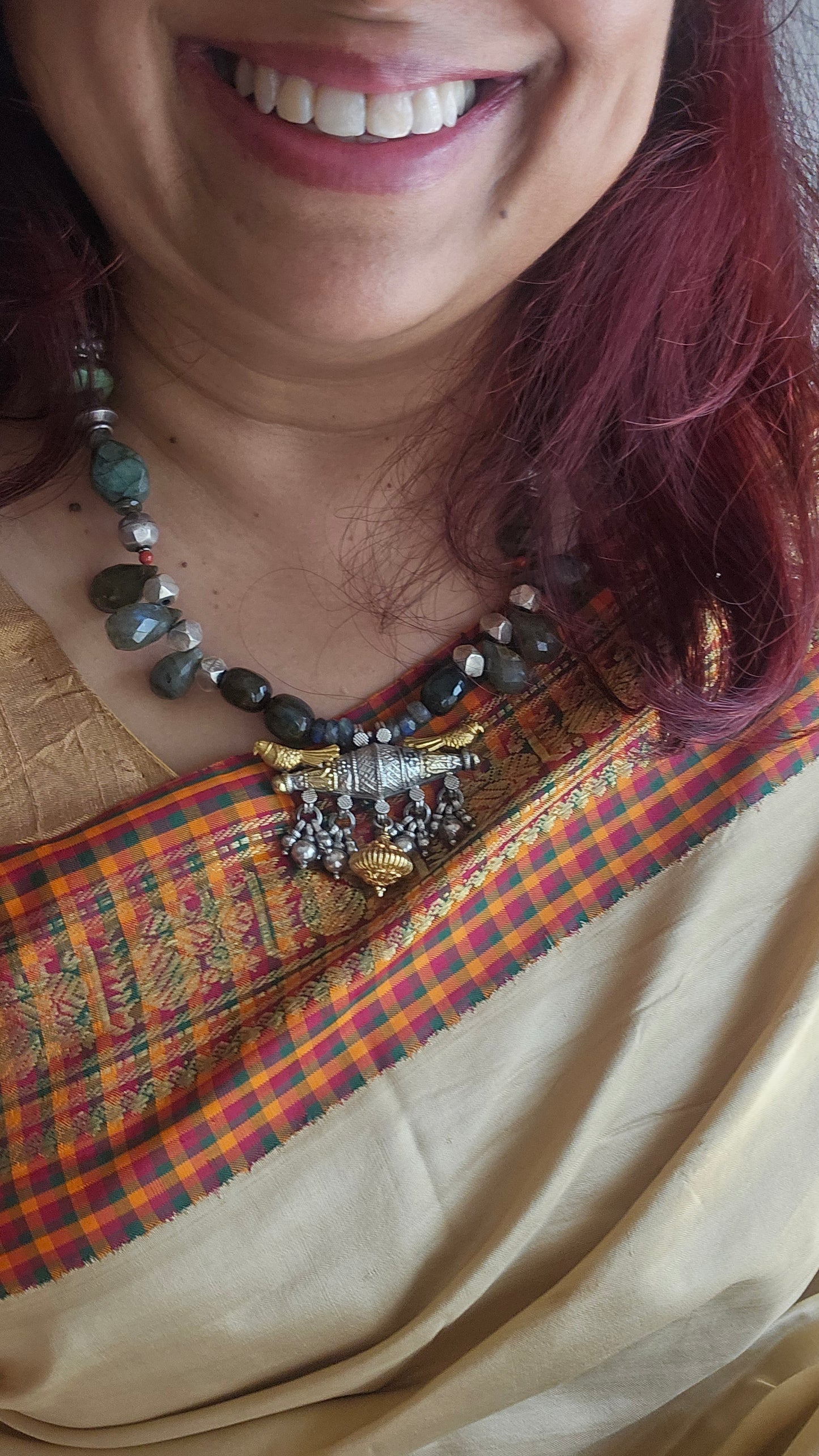 Handcrafted Labradorite Necklace with Two-Tone Taveez Pendant | 92.5 Silver by Shopvasuki