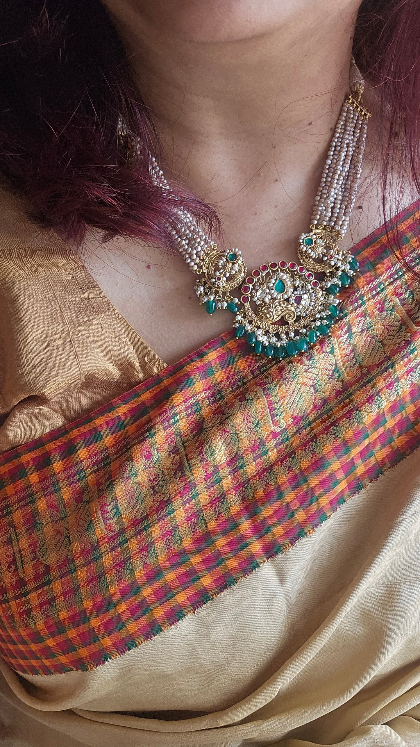 Silver 92.5 kundan gold polish necklace set with basra pearls