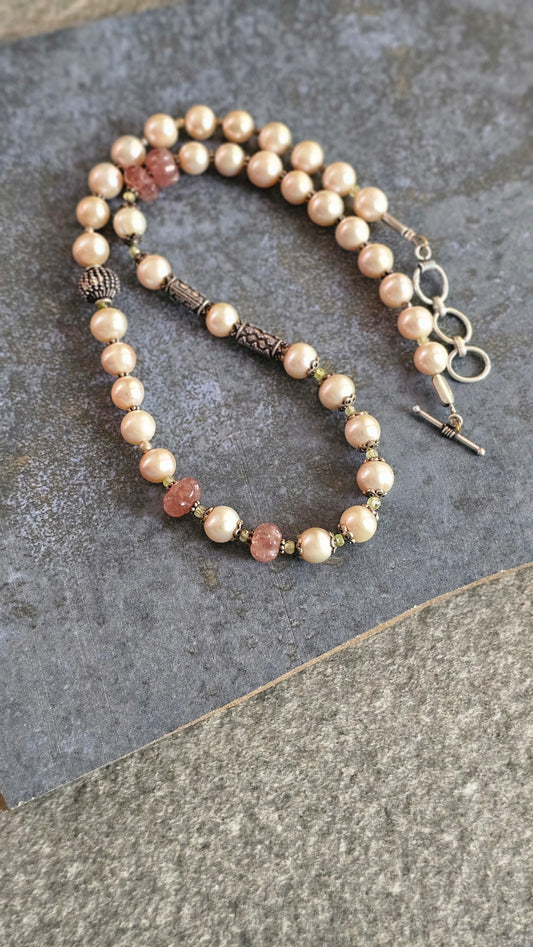 Champagne Pearl & Strawberry Quartz Statement Necklace