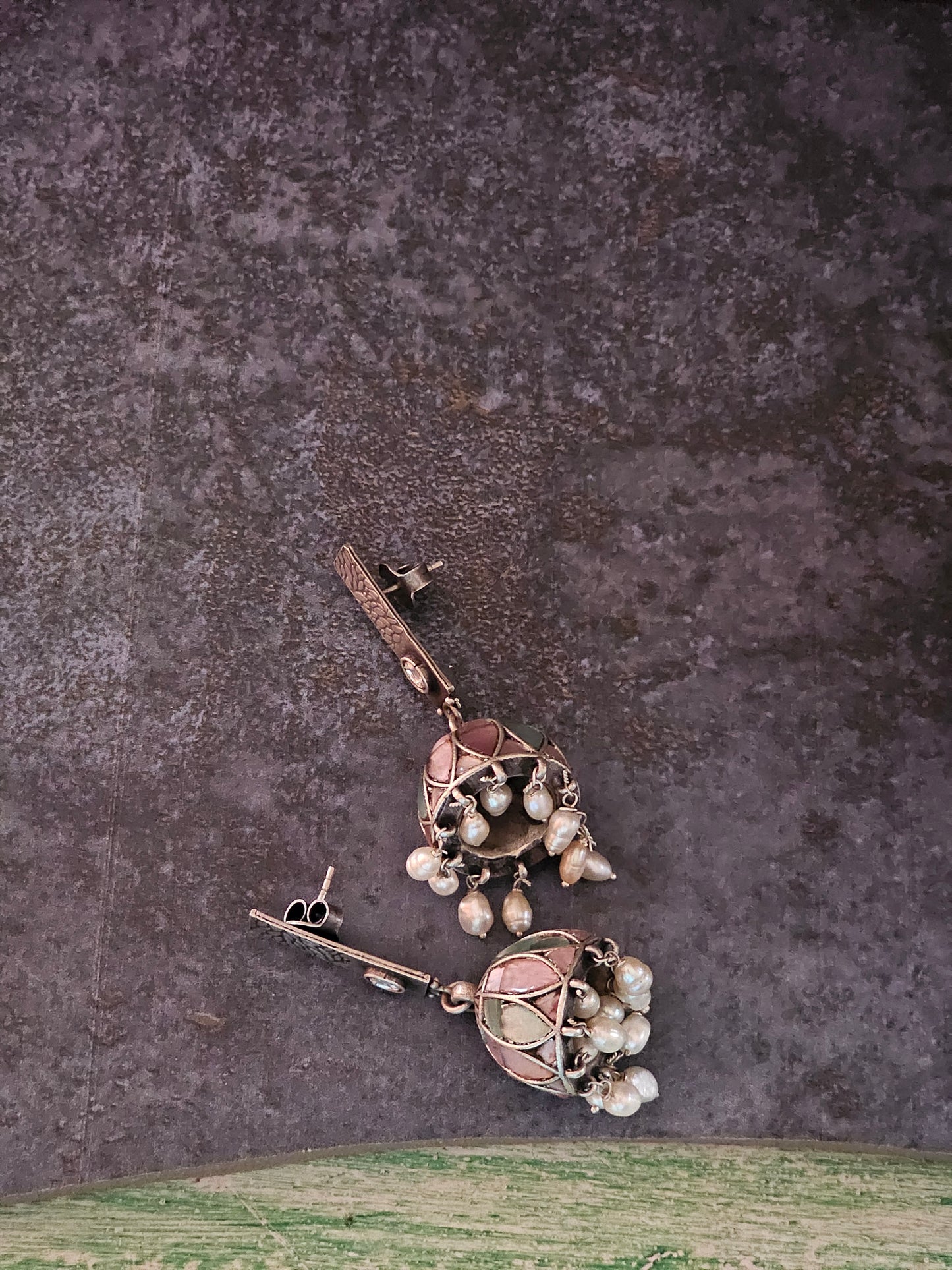 Pink and Turquoise enamel jhumkis