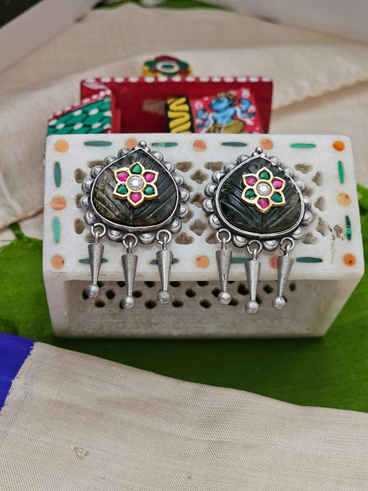 Silver 92.5 kundan gold polish two tone labrodrite inlay work studs