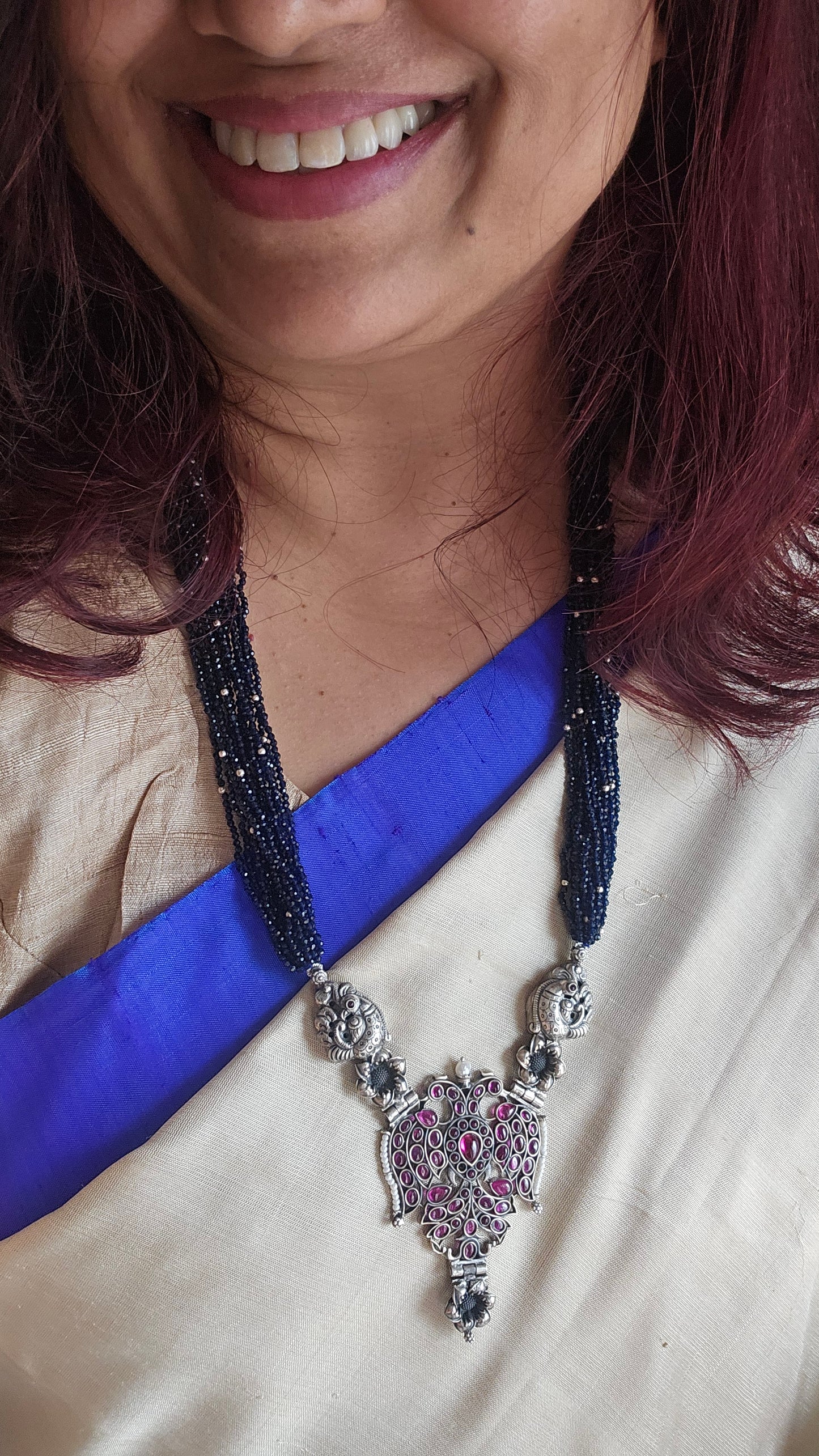 Gandaberunda Necklace in 92.5 Silver with Kempu Stones & Iolite Beads | Shopvasuki