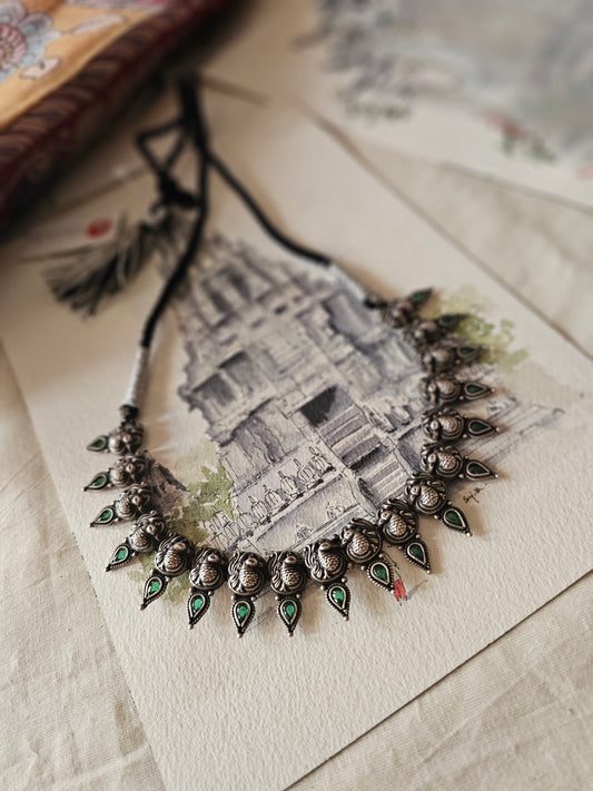 92.5 Silver Nakash Anam Motif Kolhapuri-Style Short Necklace with Green Kempu Detailing — Limited Edition