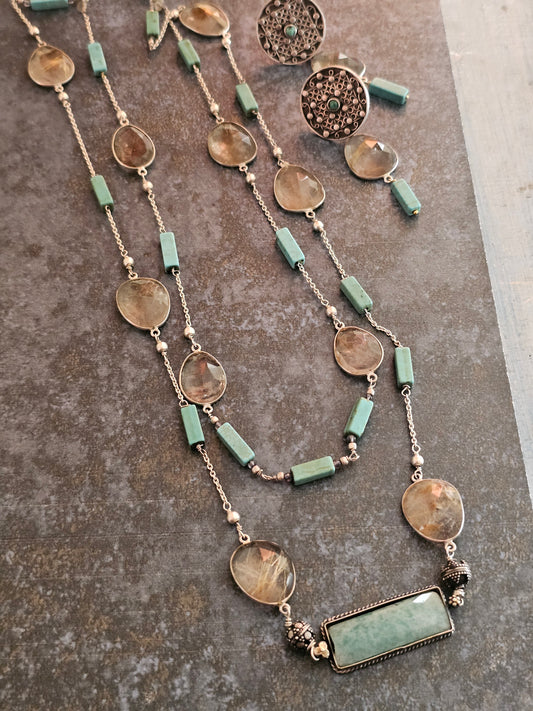 Golden Rutailed quartz,turquoise tubes layered necklace with a bar pendant