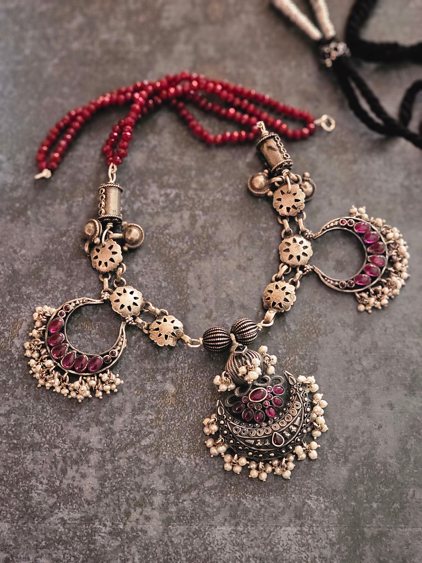 Oxidised kempu chaandbali necklace