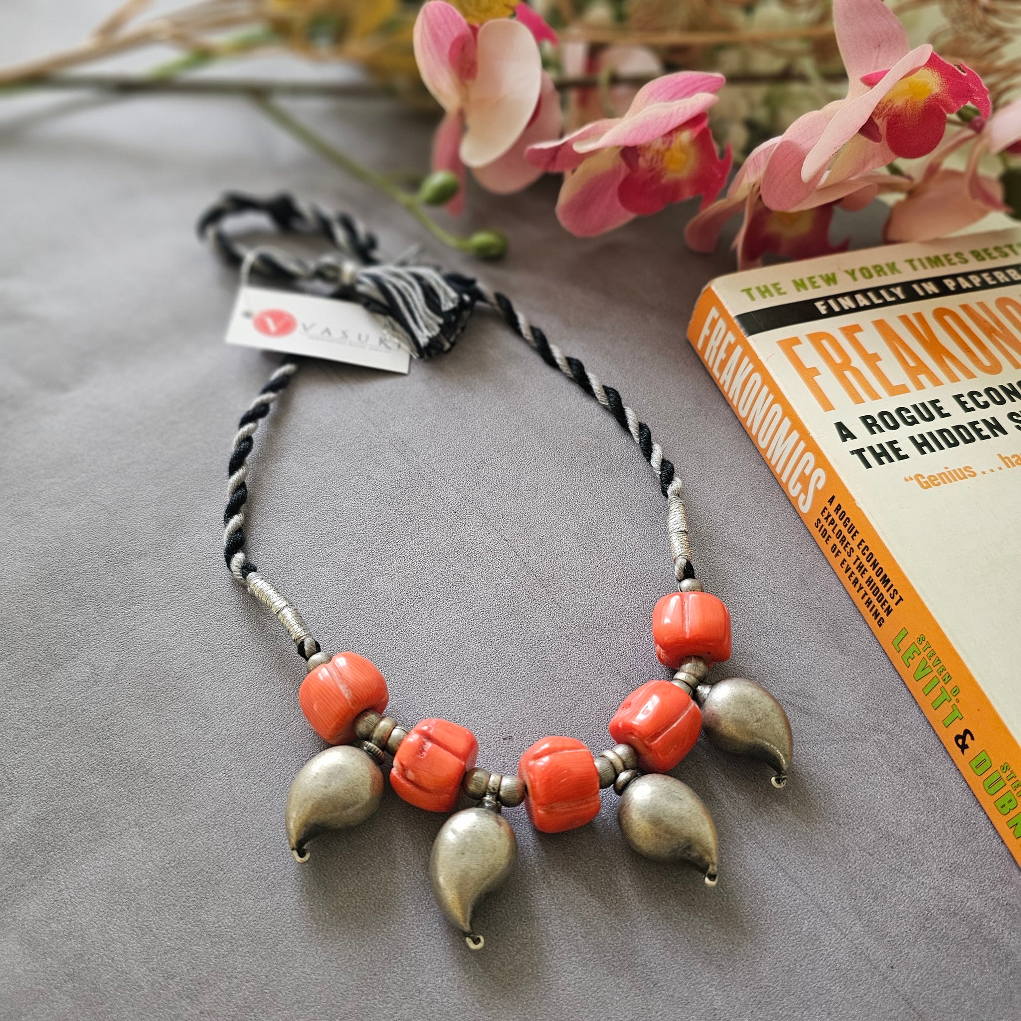 Vintage silver solid paisleys and pumpkin carved corals on grey and black threadwork