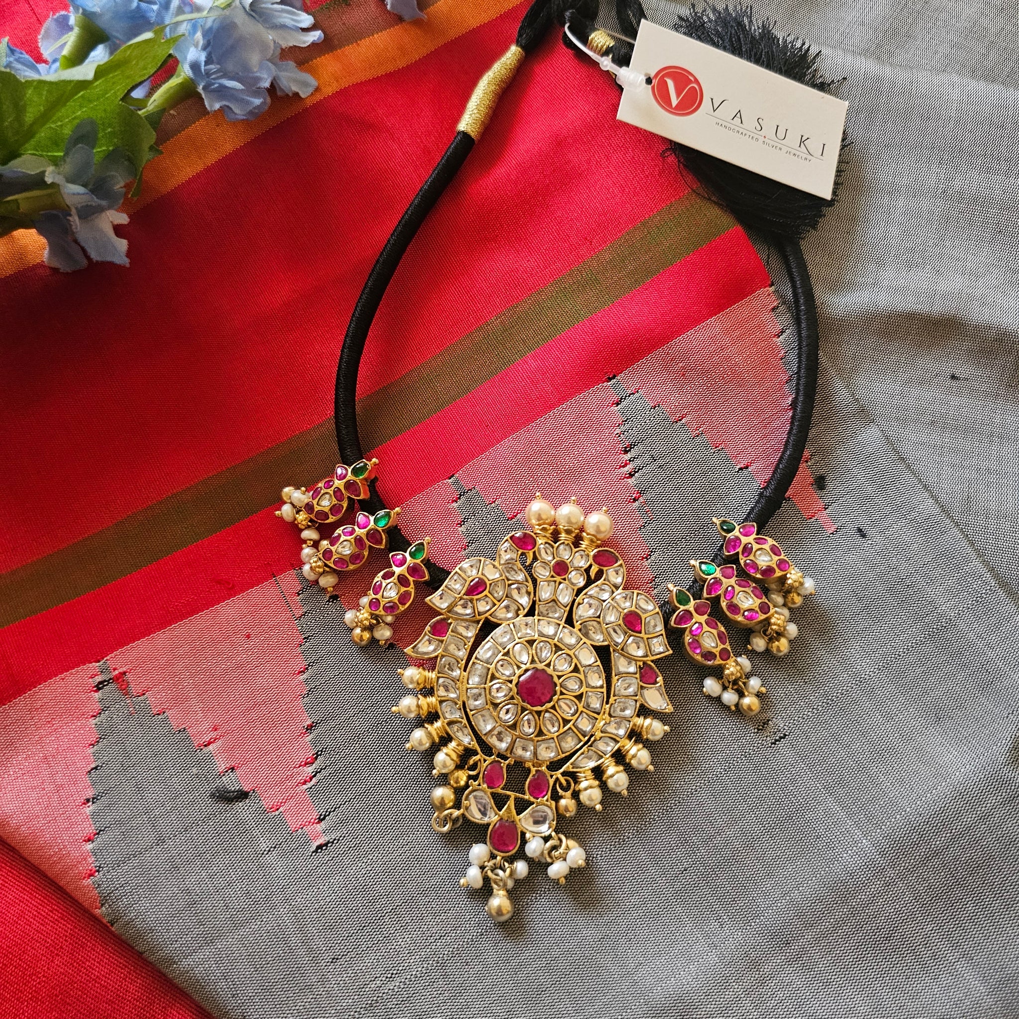 Silver 92.5 kundan pendant in gold finish