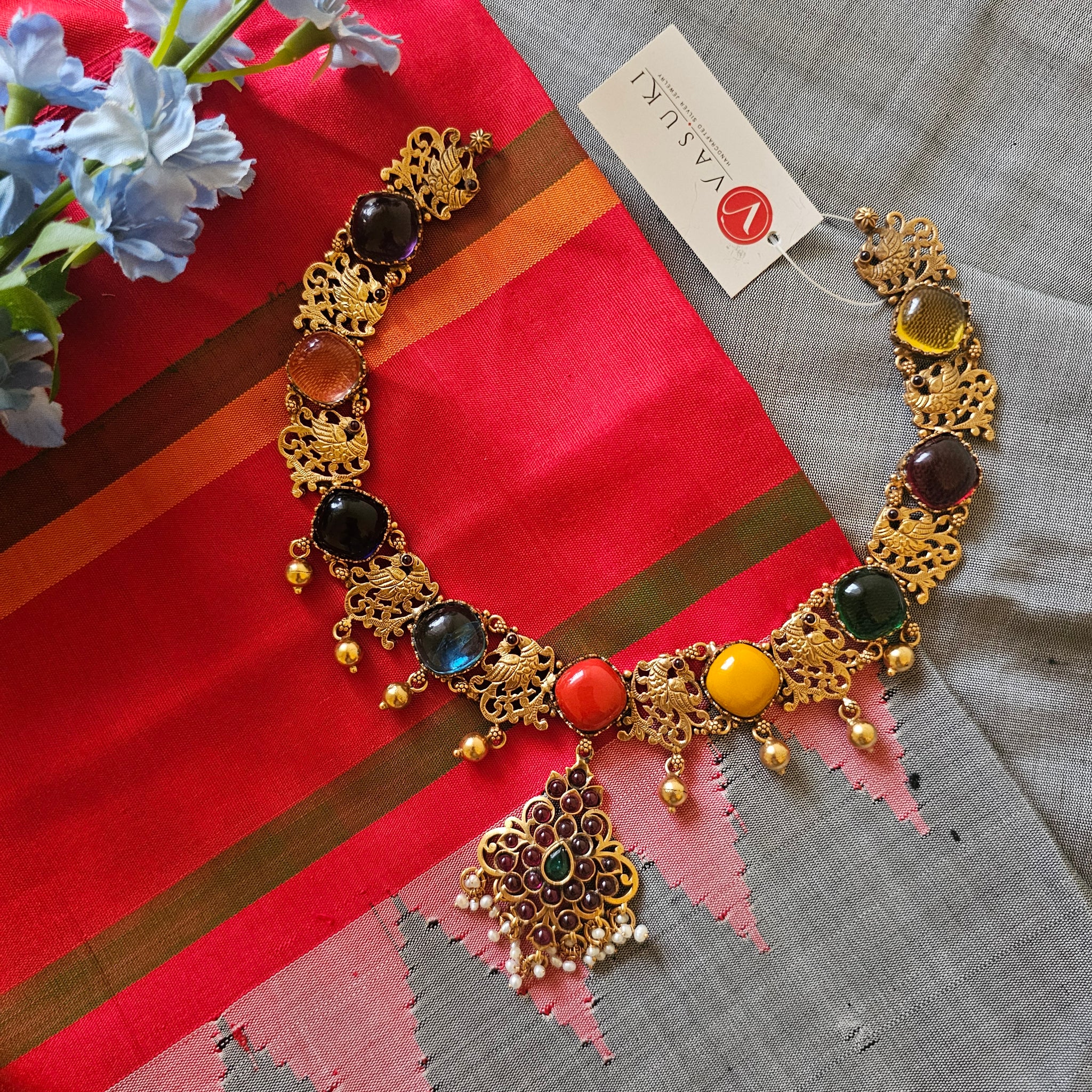 Silver 92.5 kundan navratna choker in gold finish