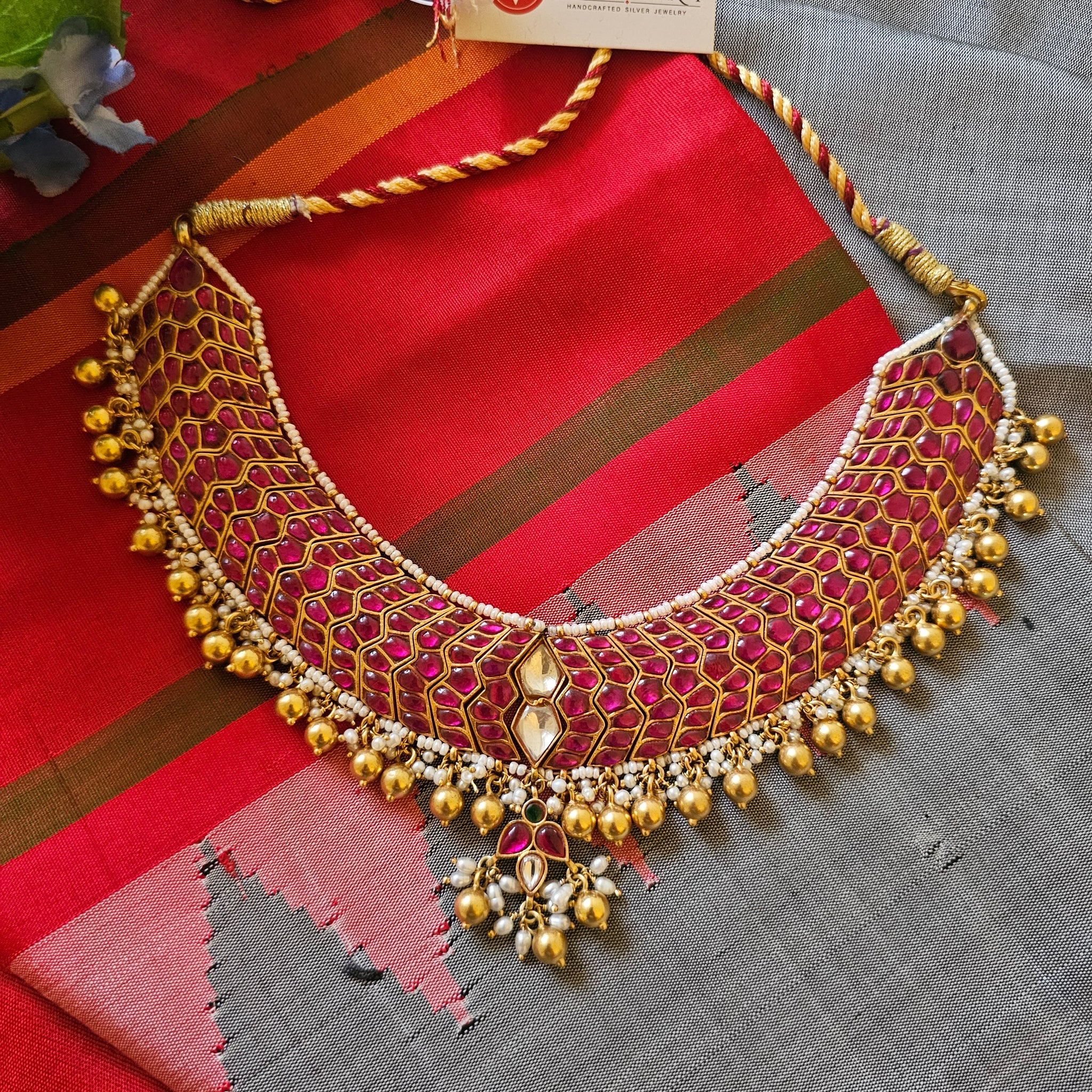 Silver 92.5 kundan tushi in 22 CT gold finish