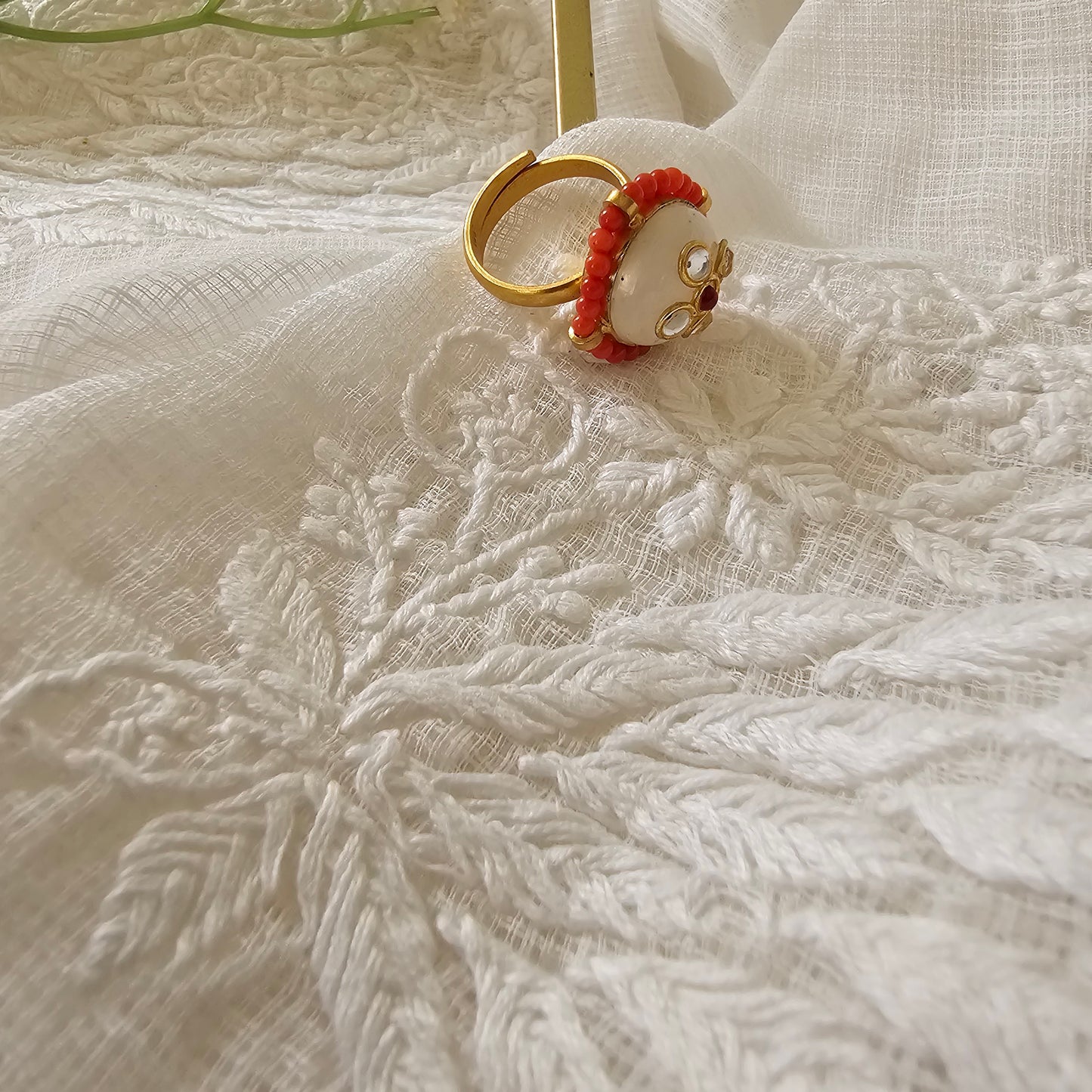 Silver 92.5 kundan gold polish Moonstone with coral ring