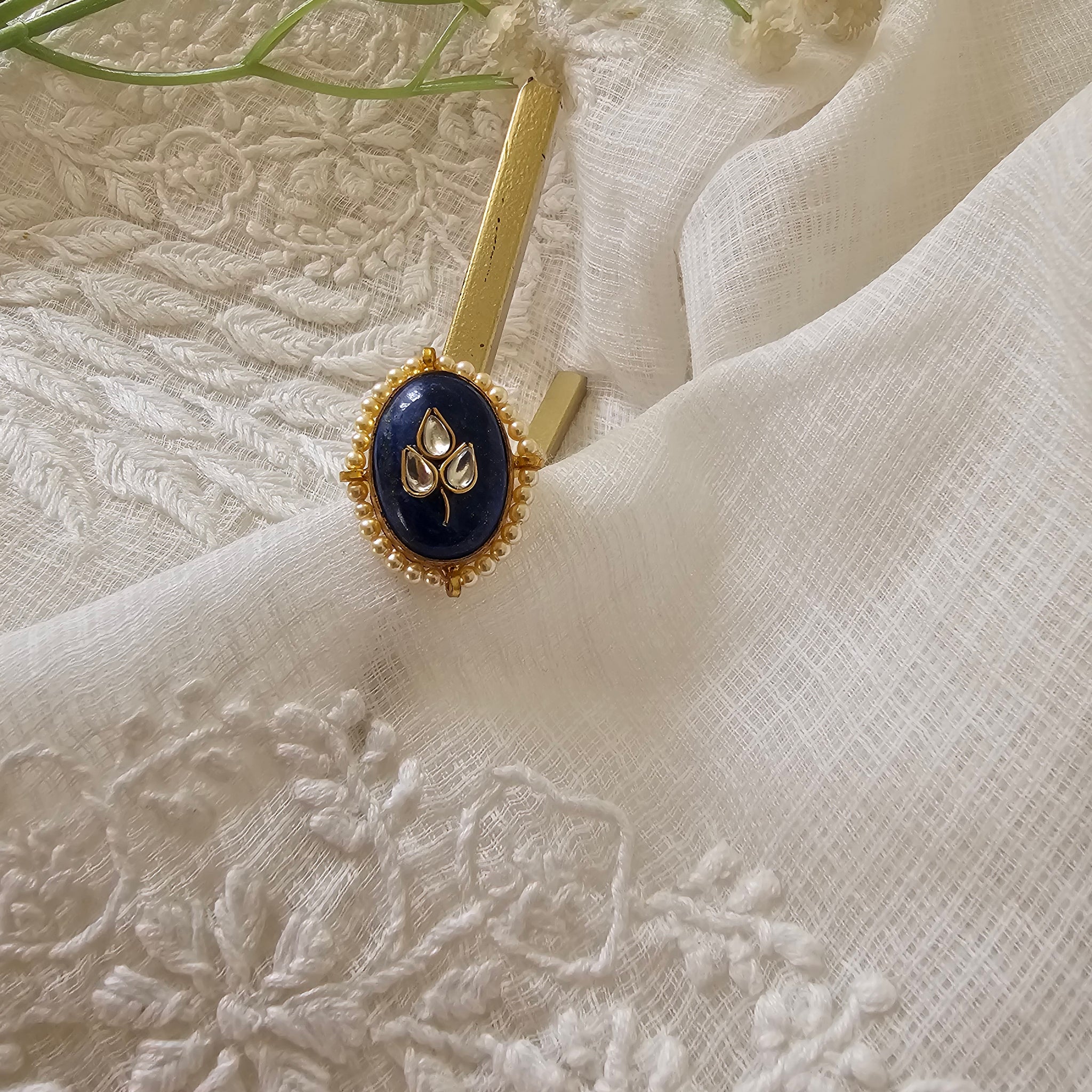 Silver 92.5 kundan gold polish lapis stone ring