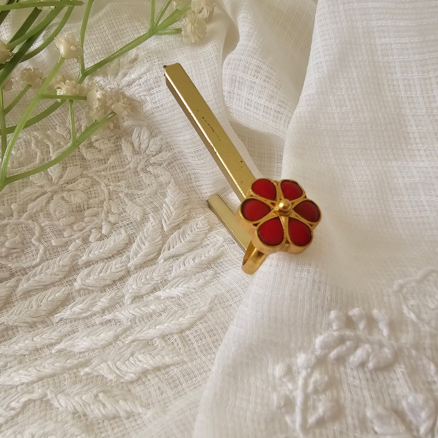 Silver 92.5 kundan gold polish coral ring