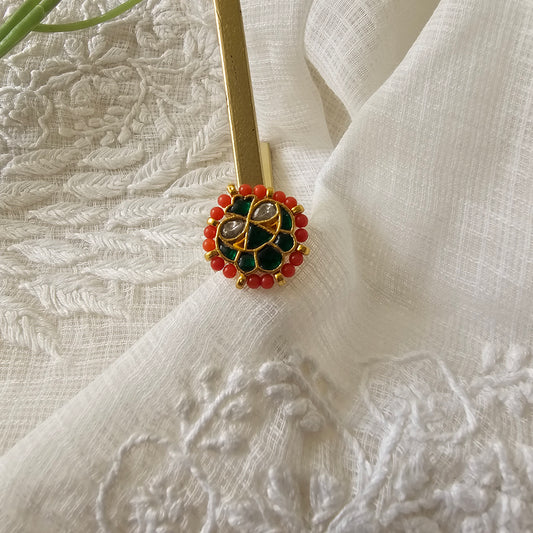 Silver 92.5 kundan gold polish ring with coral