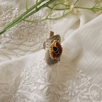 Silver 92.5 kundan two tone hill tribe silver ring