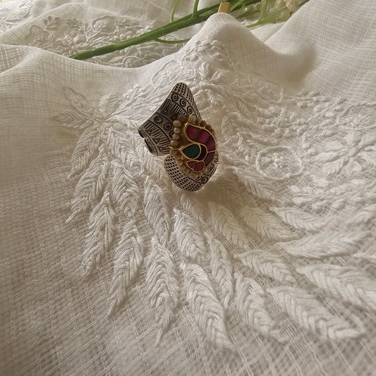 Silver 92.5 kundan two tone hill tribe silver ring