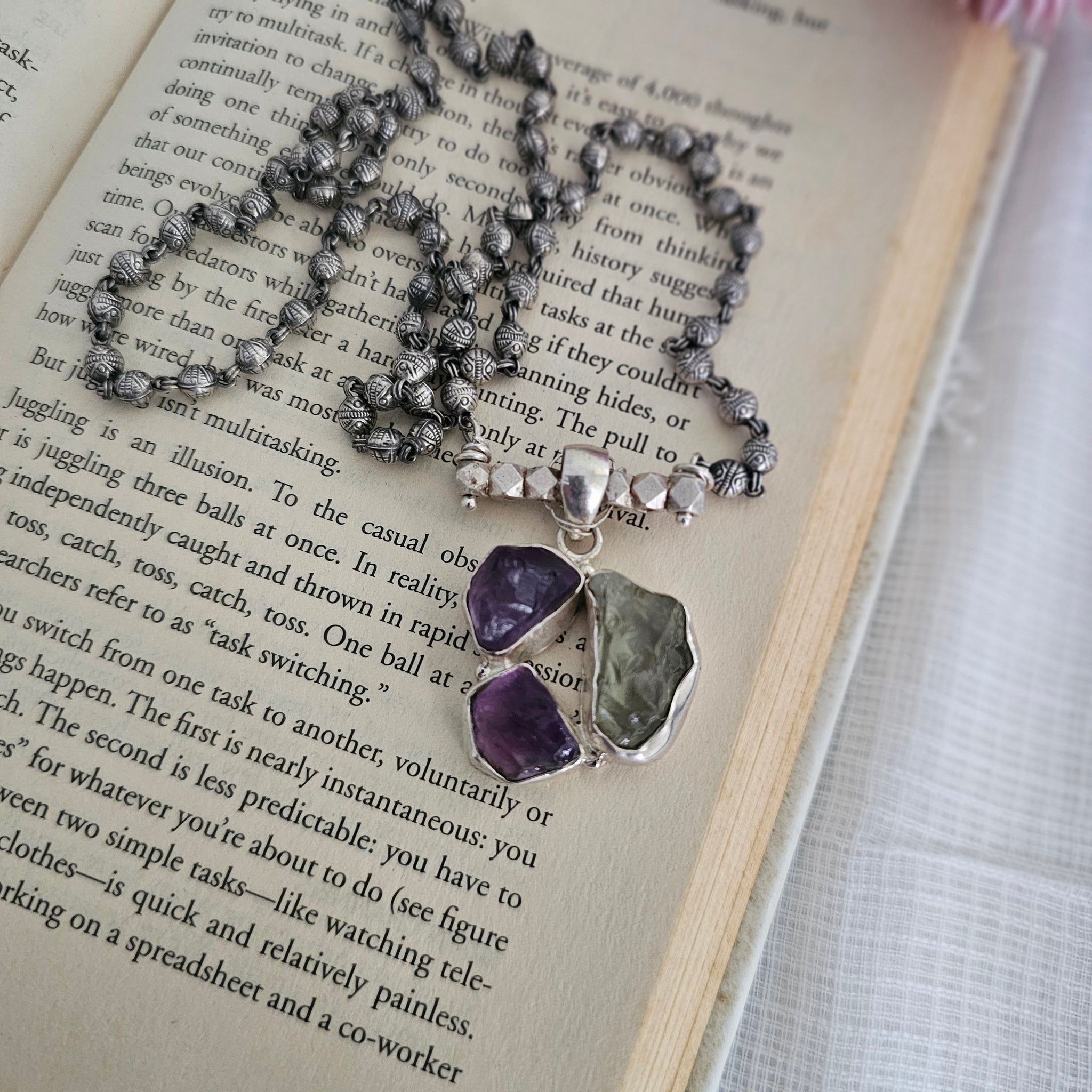 Silver 92.5 rough cut Amethyst and Peridot necklace