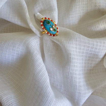 Silver 92.5 kundan gold polish turquoise ring