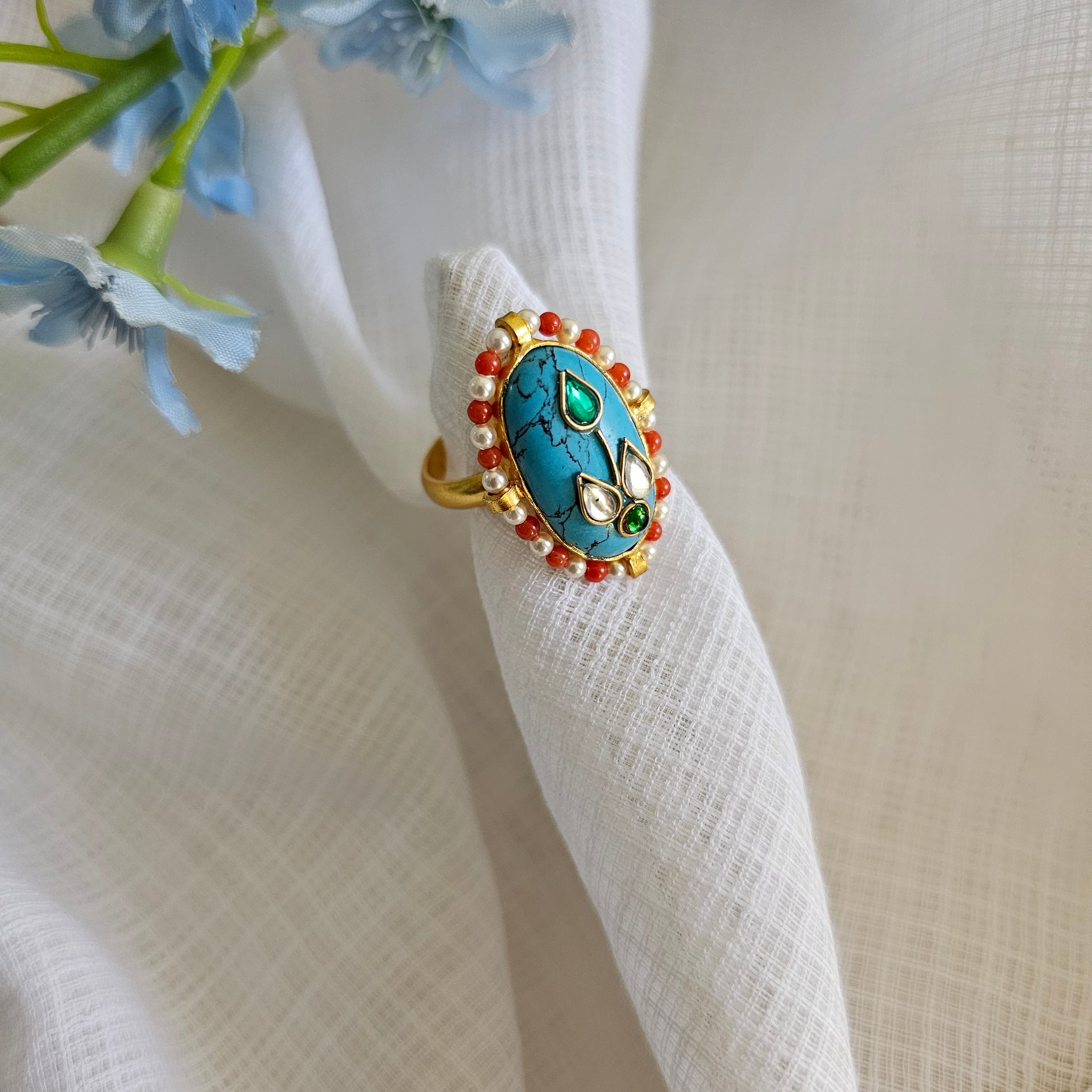 Silver 92.5 kundan gold polish turquoise ring