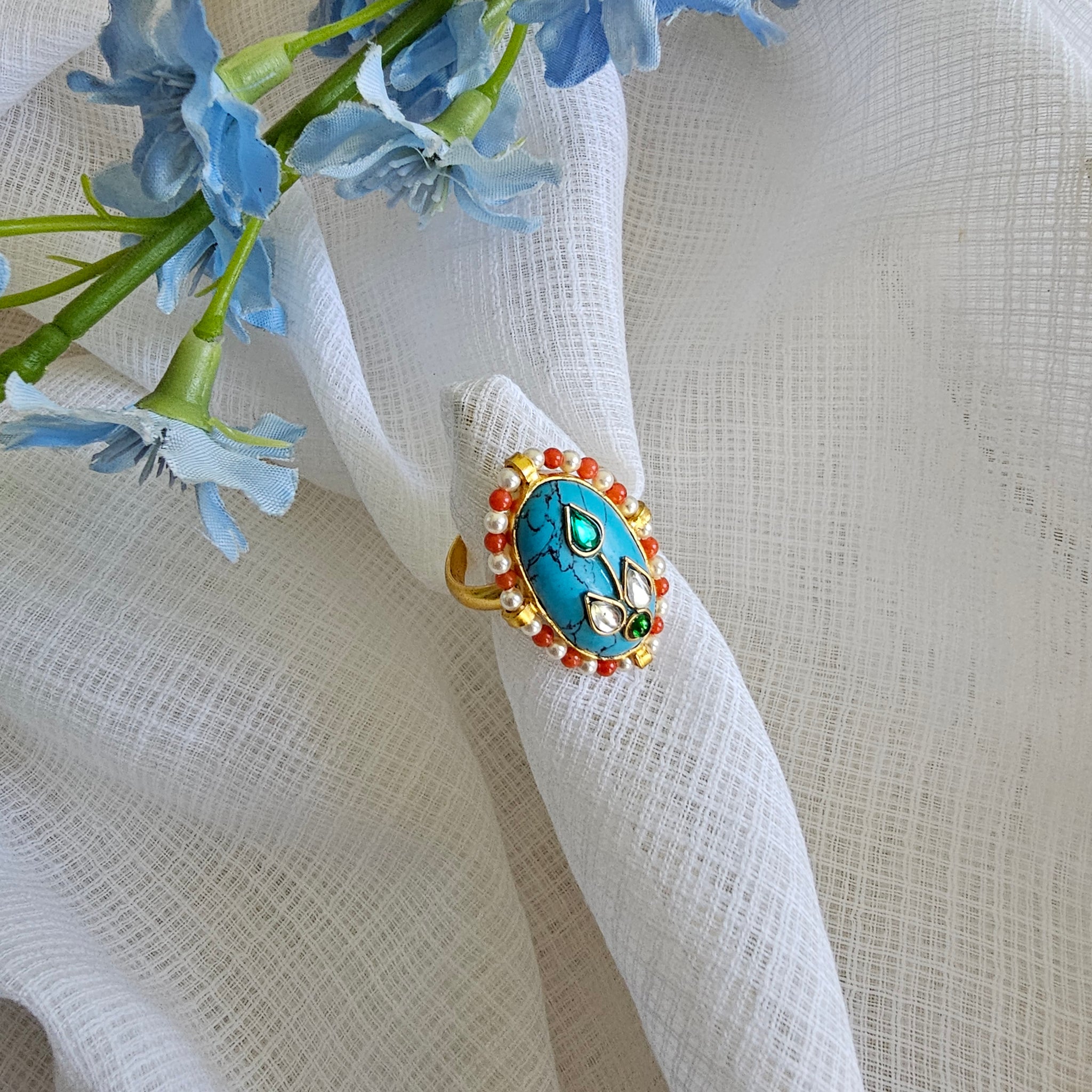 Silver 92.5 kundan gold polish turquoise ring