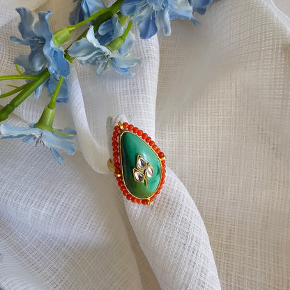 Silver 92.5 kundan gold polish green turquoise ring
