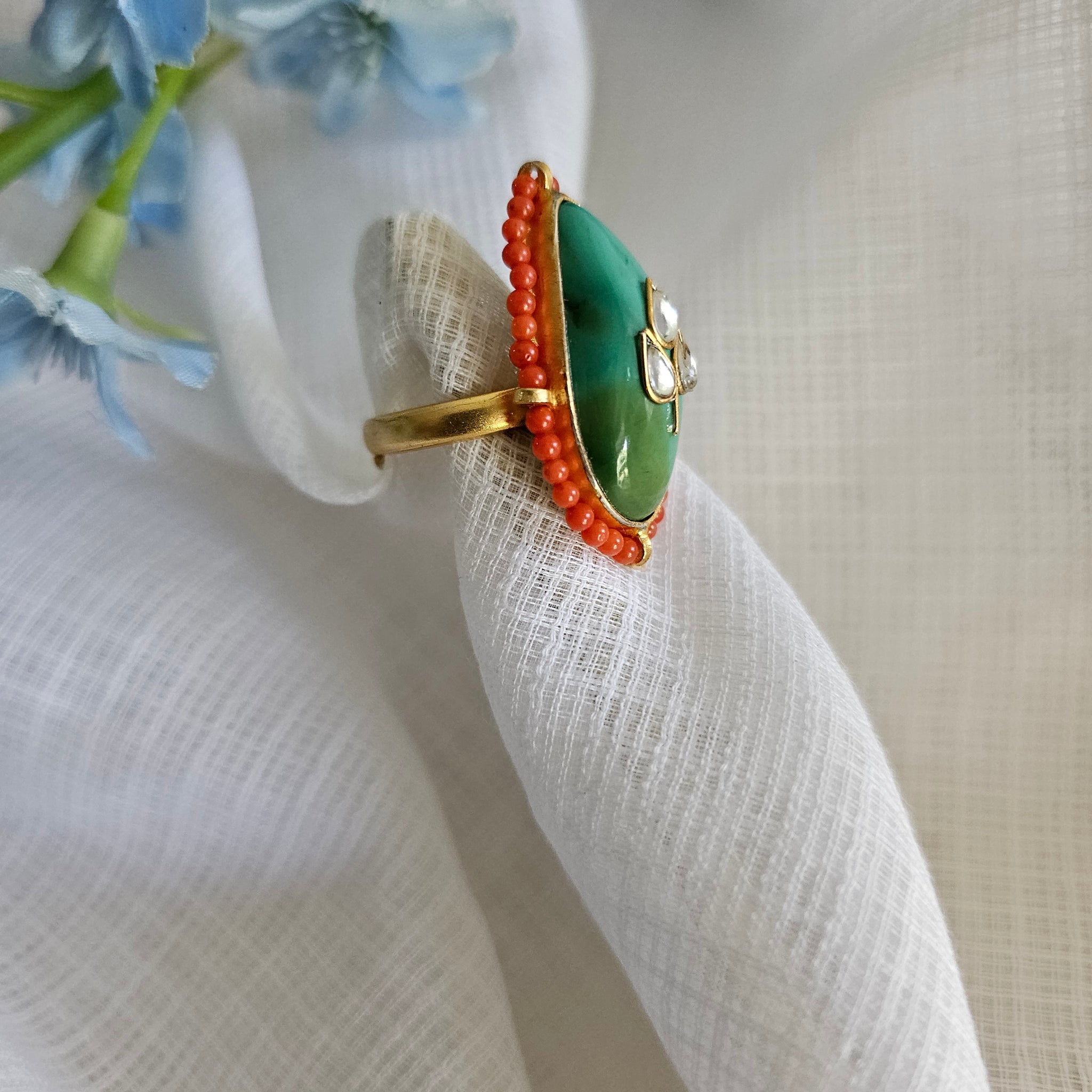 Silver 92.5 kundan gold polish green turquoise ring