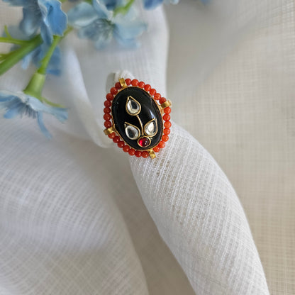 Silver 92.5 kundan gold polish black onyx ring