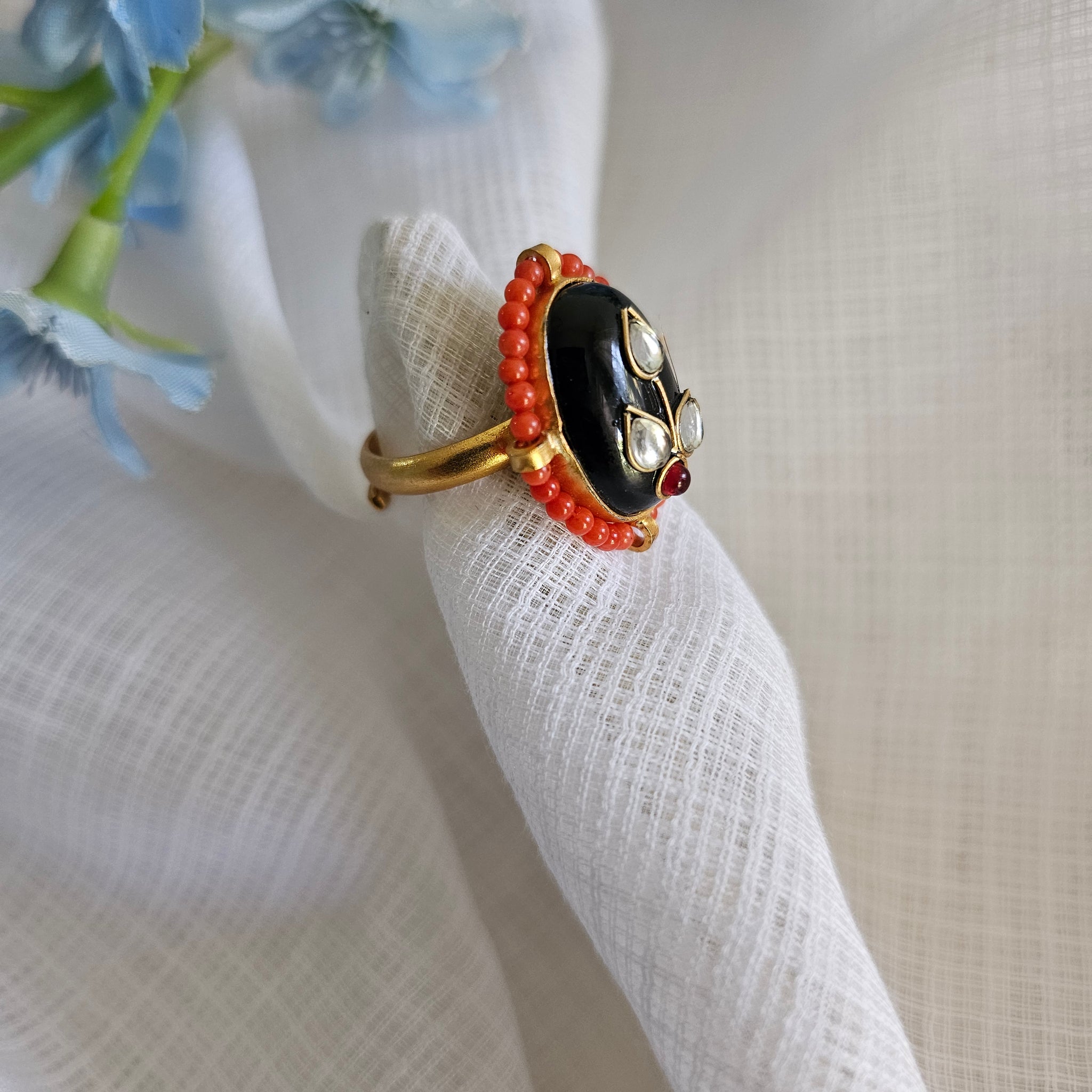 Silver 92.5 kundan gold polish black onyx ring