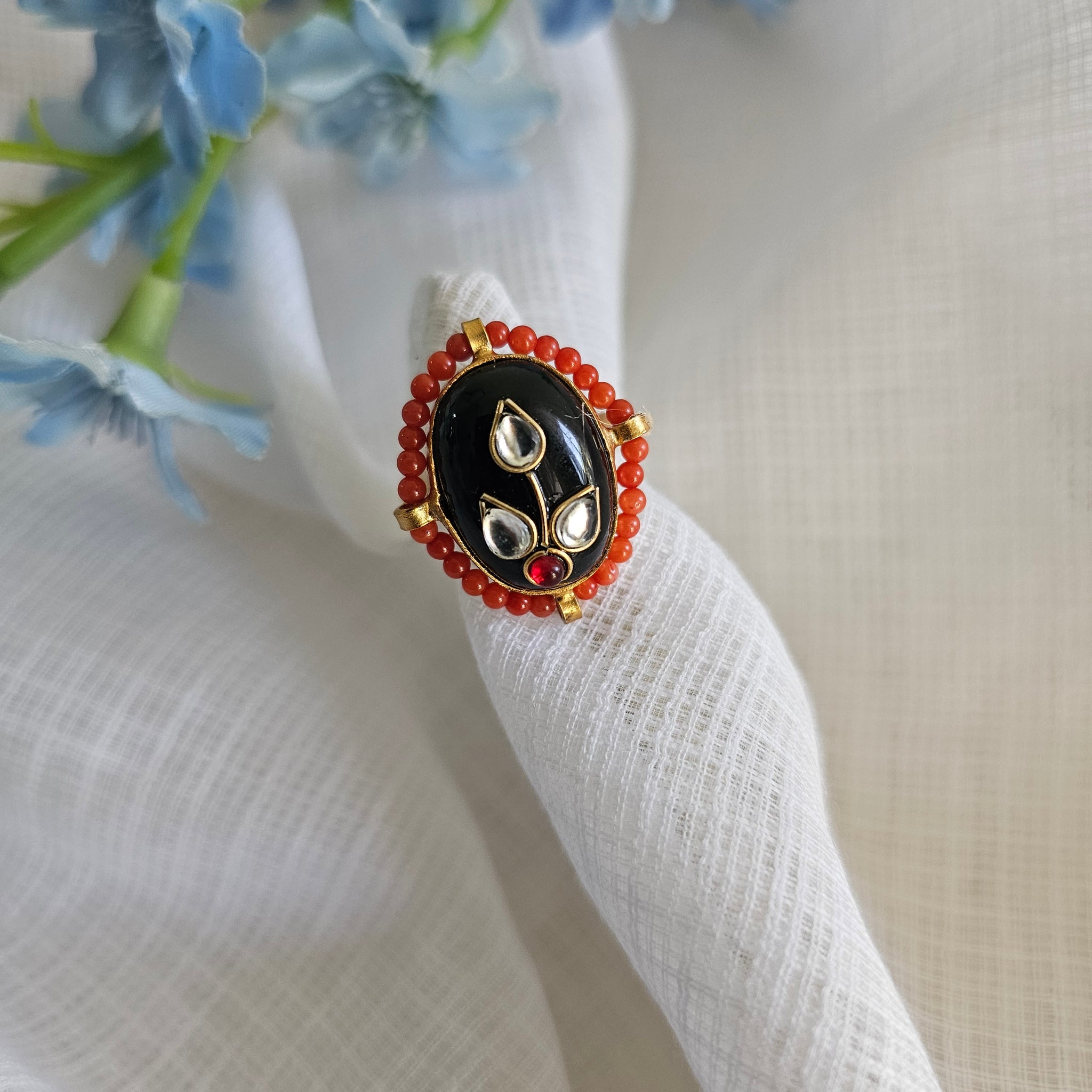 Silver 92.5 kundan gold polish black onyx ring