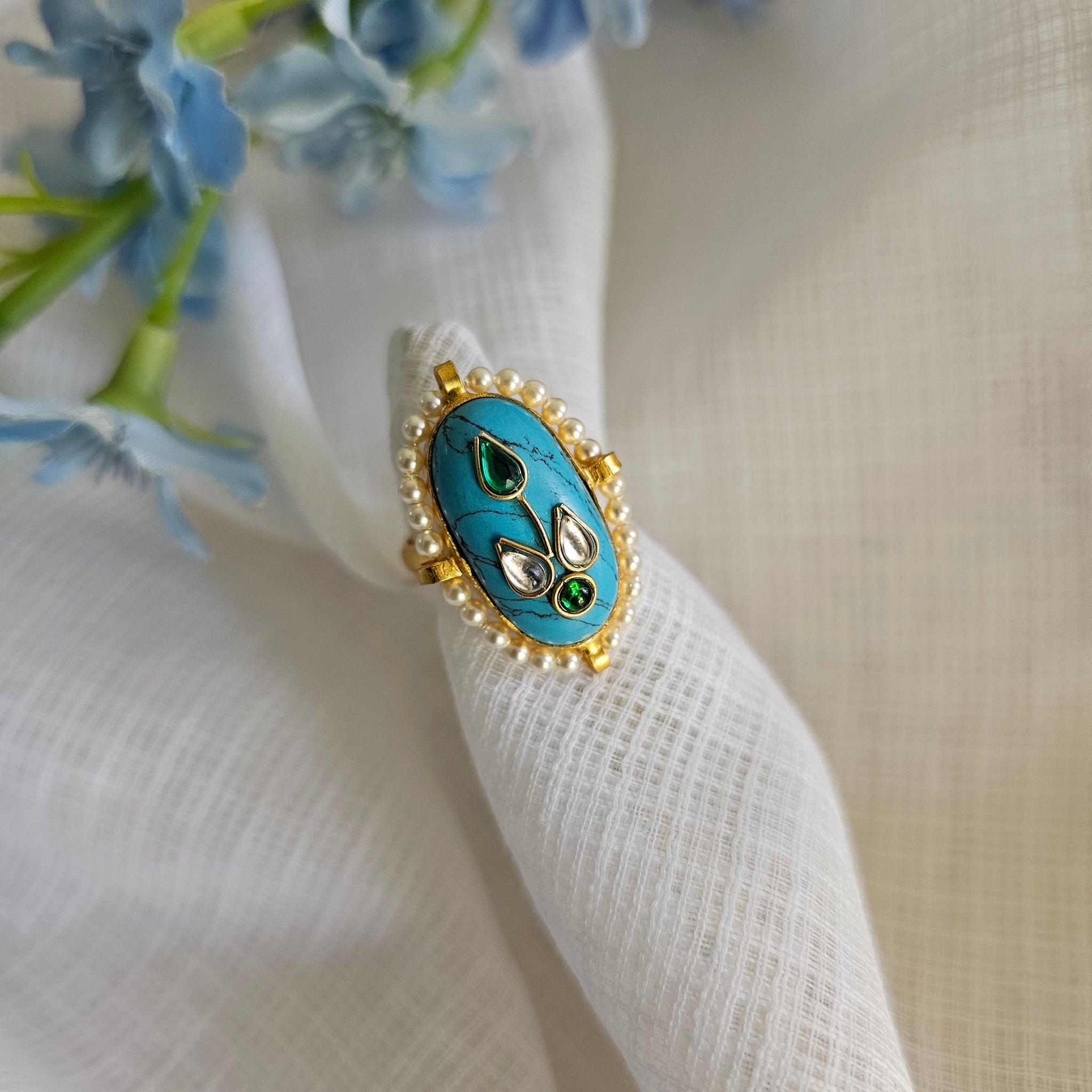 Silver 92.5 kundan gold polish turquoise ring with pearl