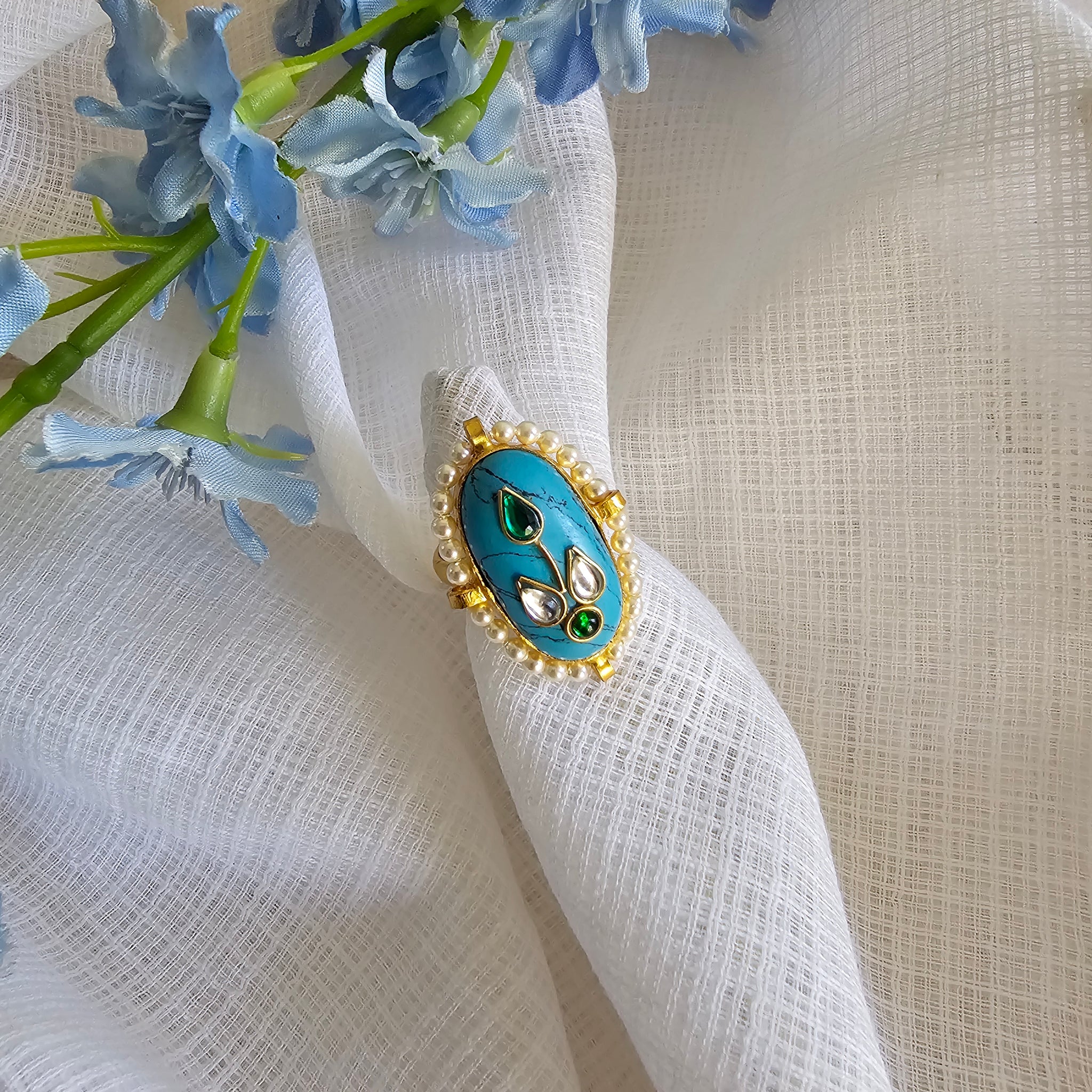 Silver 92.5 kundan gold polish turquoise ring with pearl