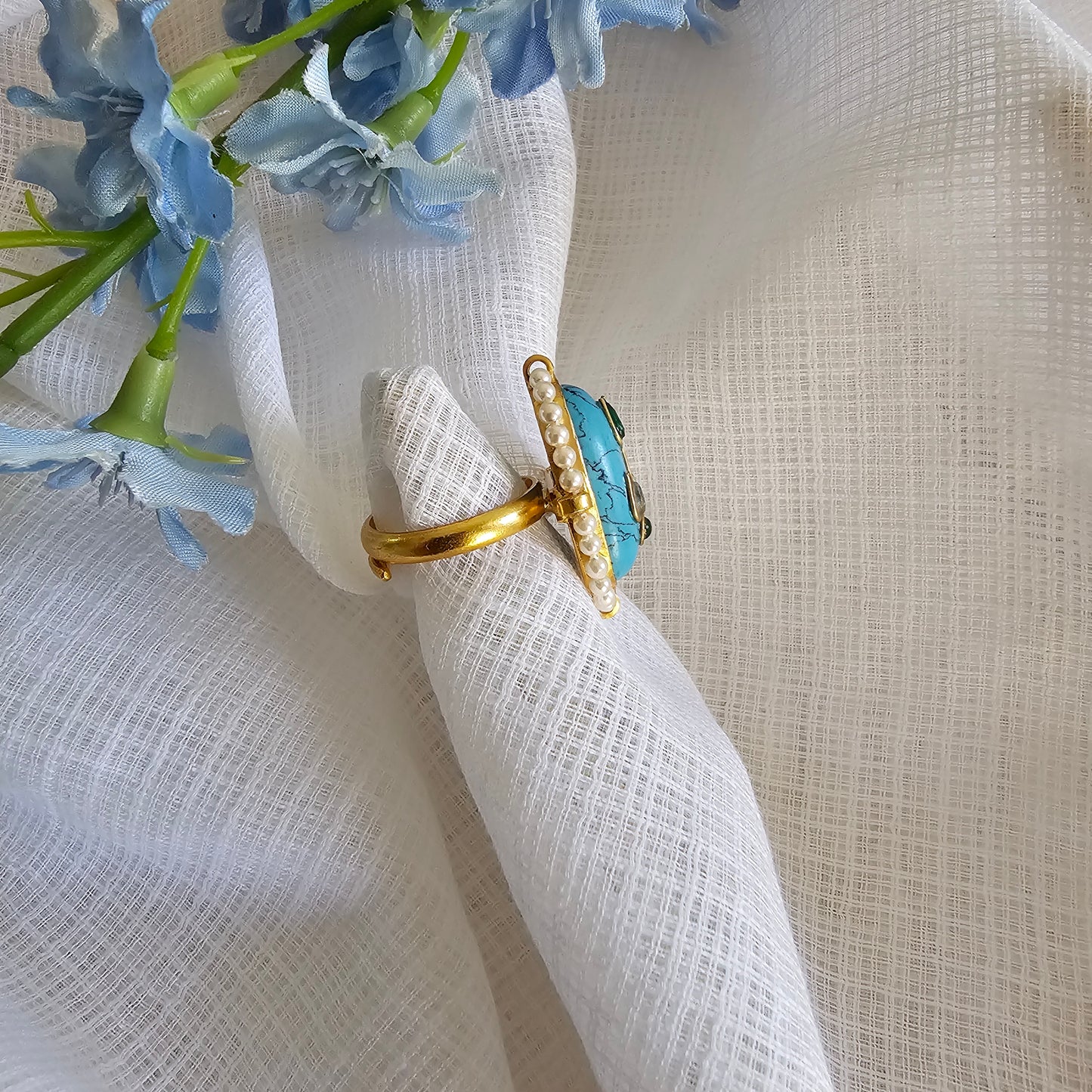 Silver 92.5 kundan gold polish turquoise ring with pearl
