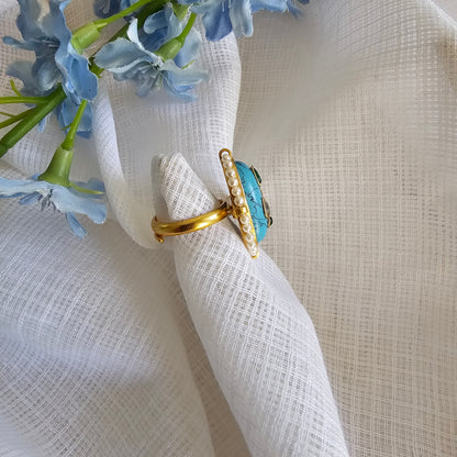 Silver 92.5 kundan gold polish turquoise ring with pearl