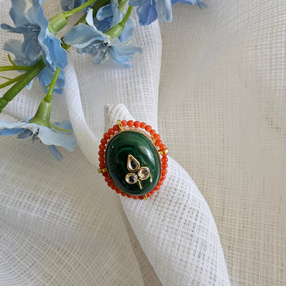 Silver 92.5 kundan gold polish green beryllium ring