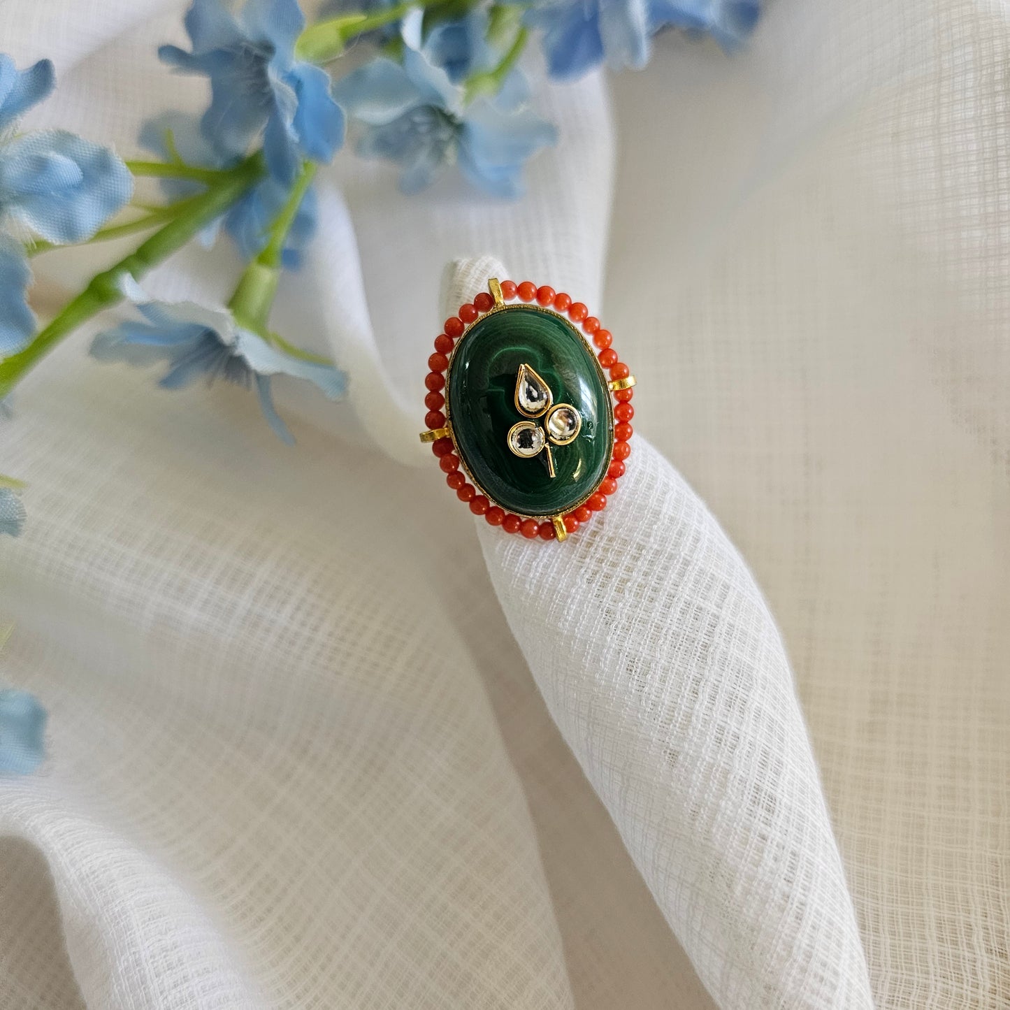 Silver 92.5 kundan gold polish green beryllium ring