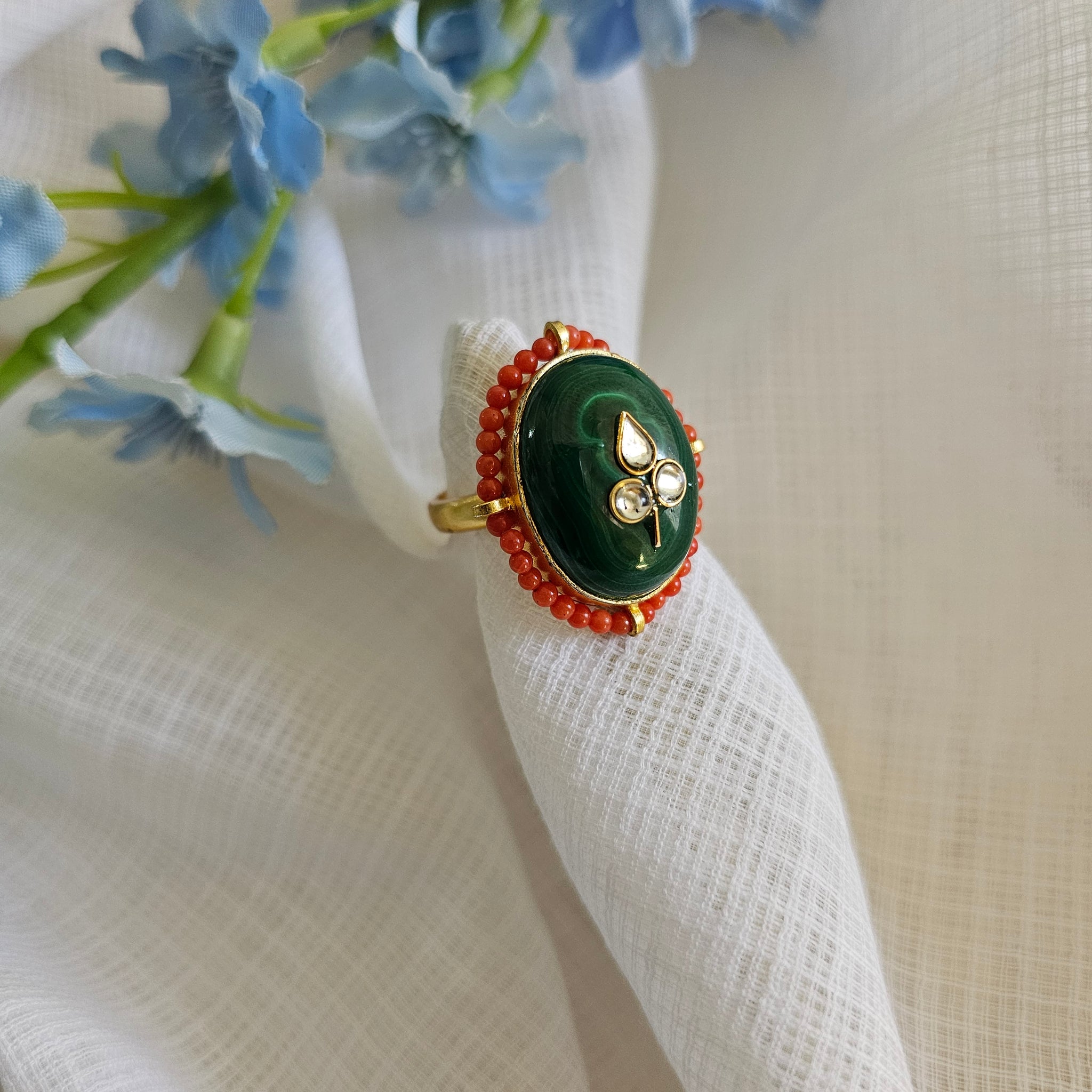 Silver 92.5 kundan gold polish green beryllium ring