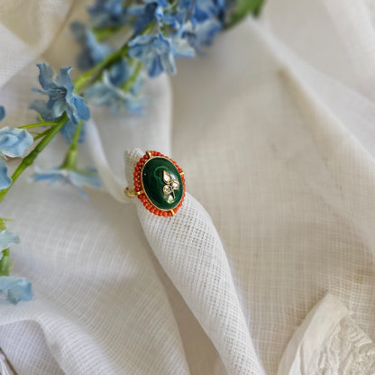 Silver 92.5 kundan gold polish labrodrite ring with pearl